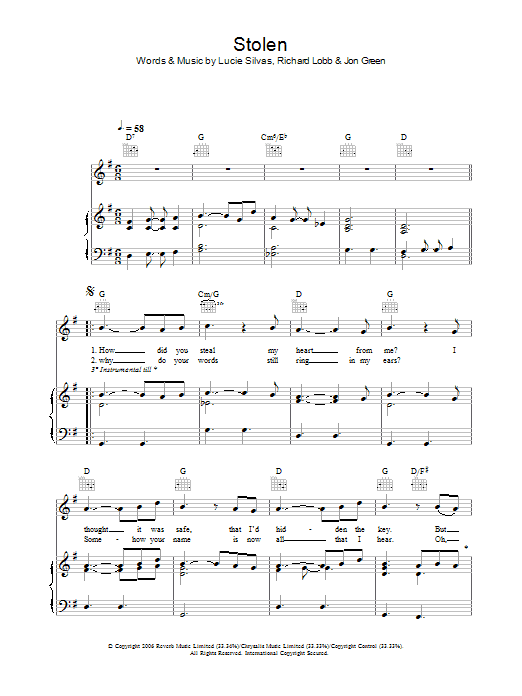 Lucie Silvas Stolen Sheet Music Notes & Chords for Piano, Vocal & Guitar (Right-Hand Melody) - Download or Print PDF