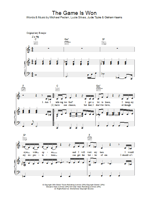 Lucie Silvas The Game Is Won Sheet Music Notes & Chords for Piano, Vocal & Guitar (Right-Hand Melody) - Download or Print PDF