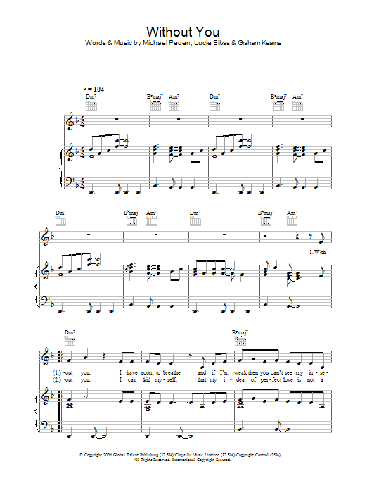 Lucie Silvas Without You Sheet Music Notes & Chords for Piano, Vocal & Guitar (Right-Hand Melody) - Download or Print PDF