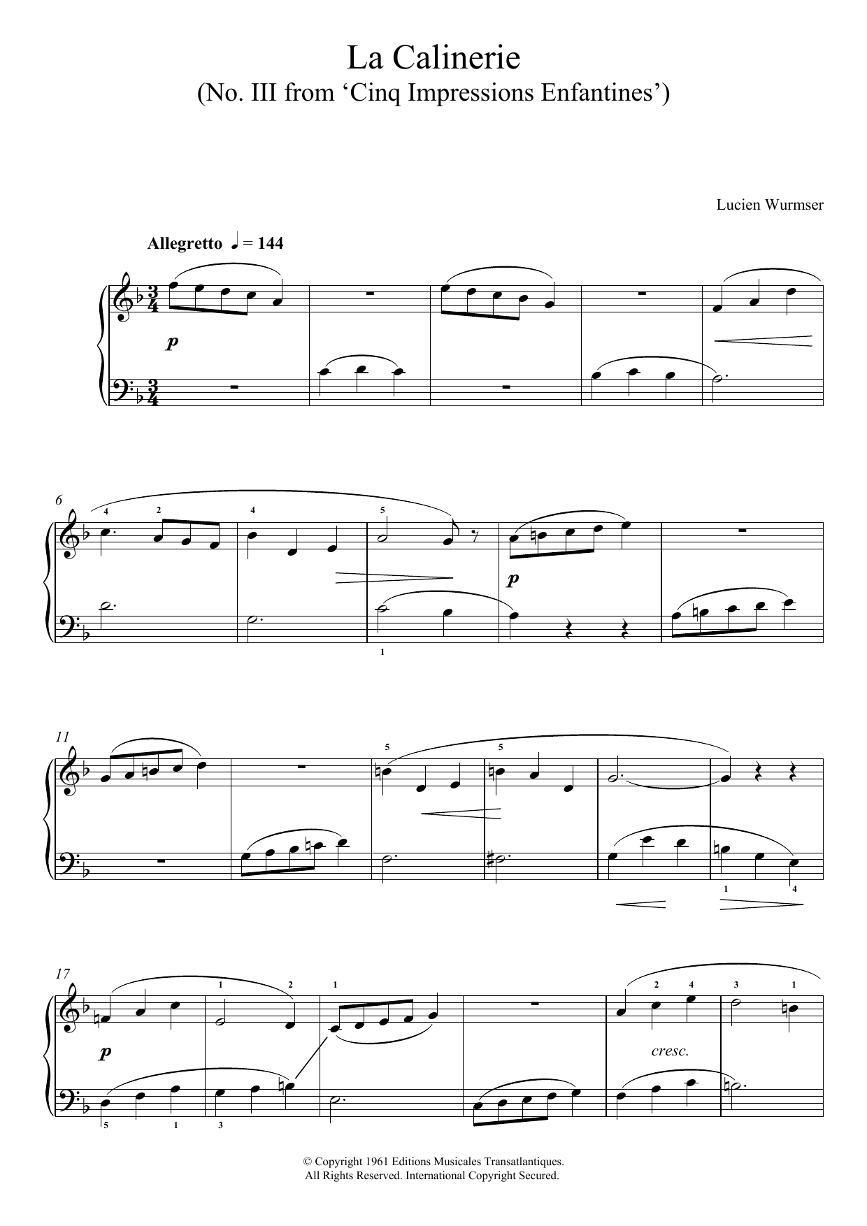 Lucien Wurmser La Calinerie (No. III From 'Cinq Impressions Enfantines') Sheet Music Notes & Chords for Piano - Download or Print PDF