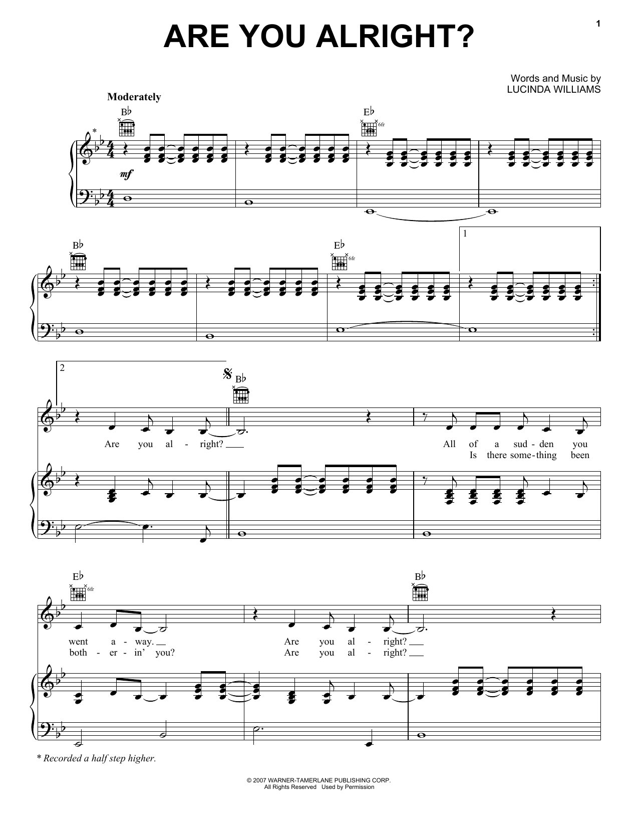 Lucinda Williams Are You Alright? Sheet Music Notes & Chords for Piano, Vocal & Guitar (Right-Hand Melody) - Download or Print PDF