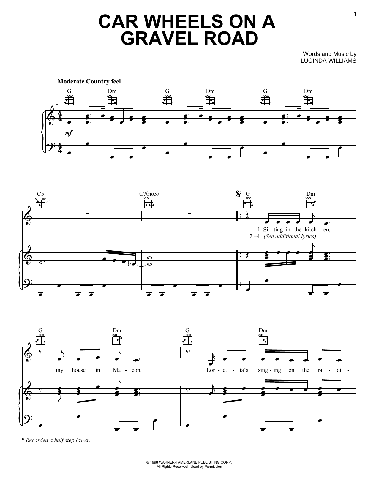 Lucinda Williams Car Wheels On A Gravel Road Sheet Music Notes & Chords for Piano, Vocal & Guitar (Right-Hand Melody) - Download or Print PDF