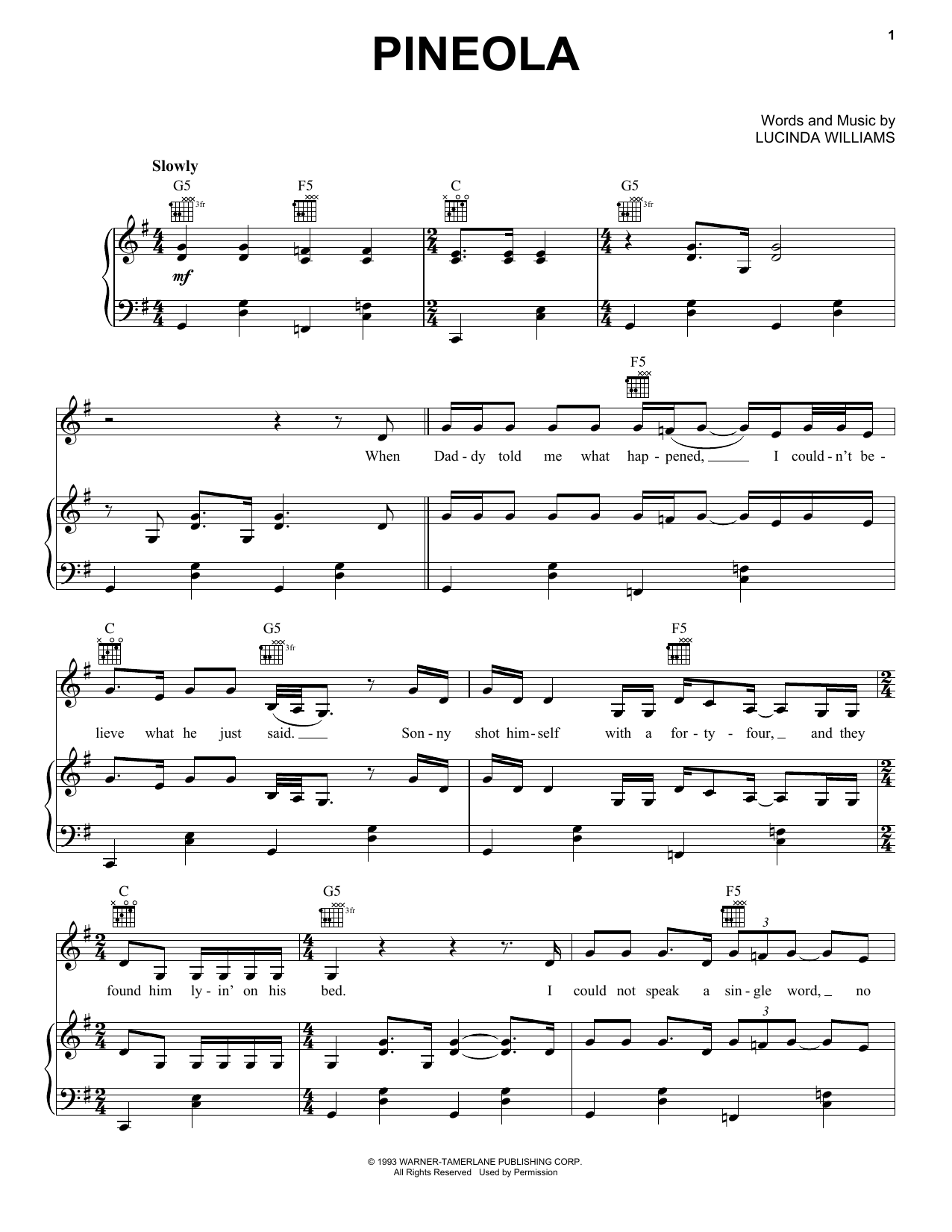 Lucinda Williams Pineola Sheet Music Notes & Chords for Piano, Vocal & Guitar (Right-Hand Melody) - Download or Print PDF