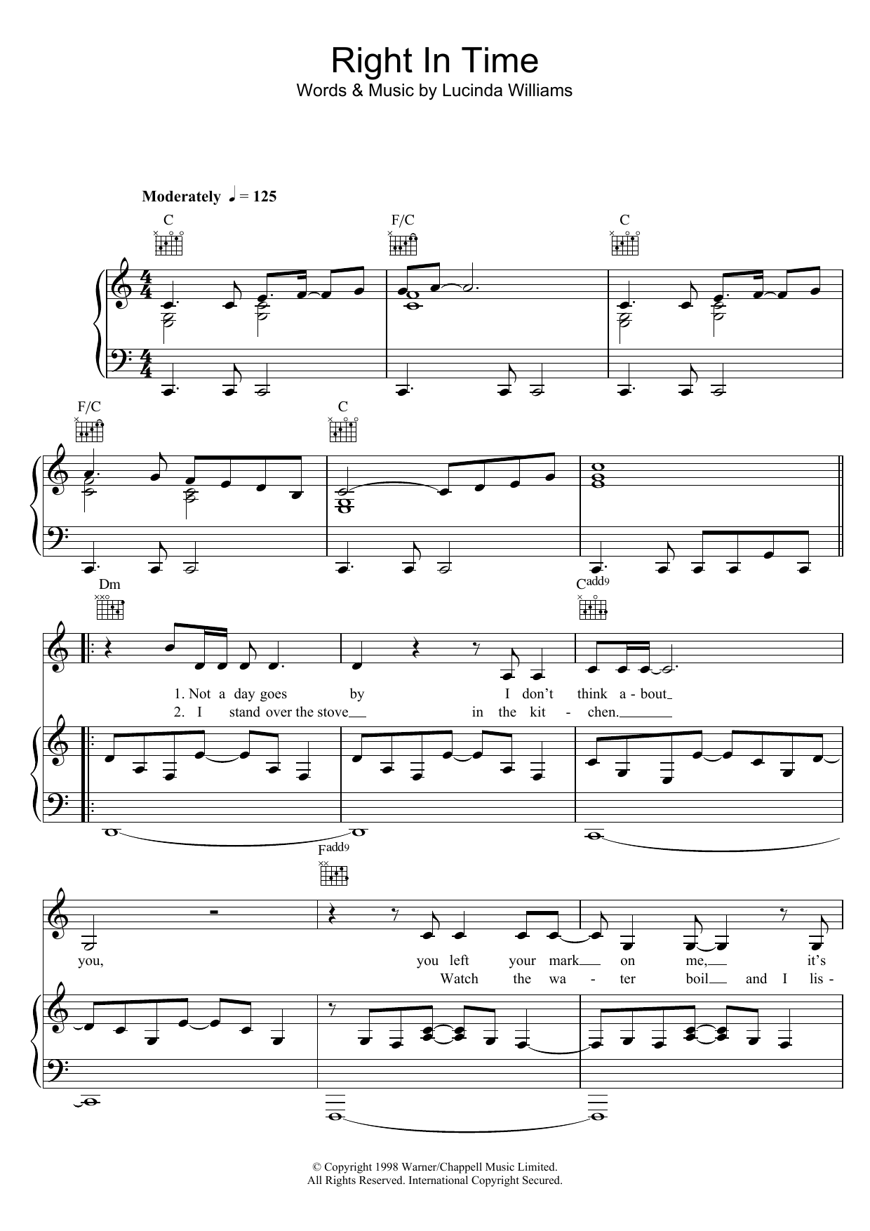 Lucinda Williams Right In Time Sheet Music Notes & Chords for Piano, Vocal & Guitar - Download or Print PDF