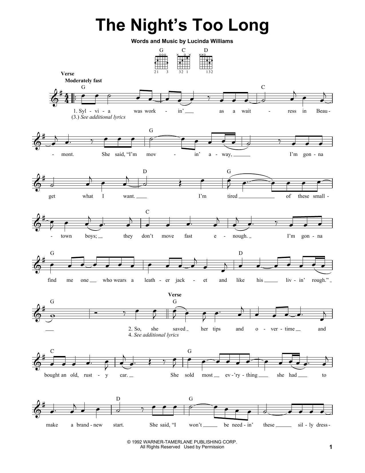 Lucinda Williams The Night's Too Long Sheet Music Notes & Chords for Easy Guitar - Download or Print PDF