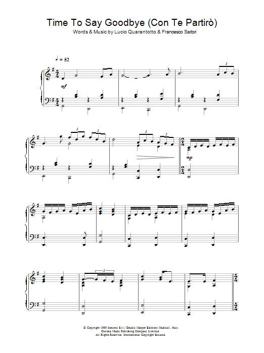 Lucio Quarantotto Time To Say Goodbye (Con Te Partiro) Sheet Music Notes & Chords for Piano - Download or Print PDF