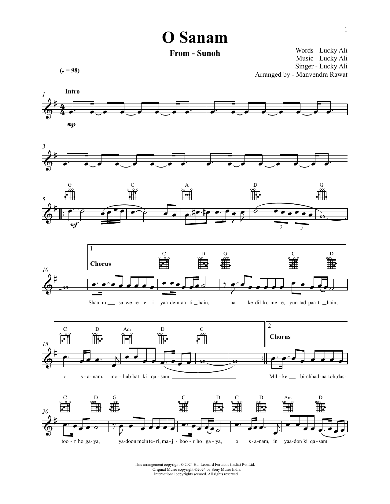 LUCKY ALI O Sanam Sheet Music Notes & Chords for Lead Sheet / Fake Book - Download or Print PDF