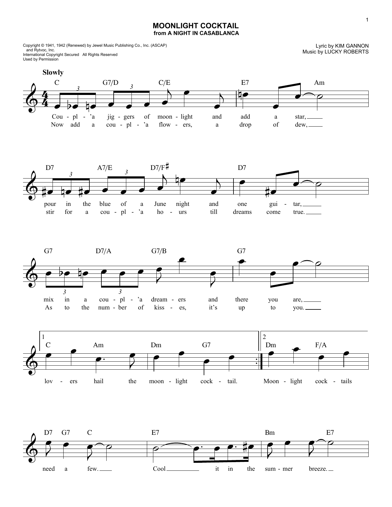 Lucky Roberts Moonlight Cocktail Sheet Music Notes & Chords for Melody Line, Lyrics & Chords - Download or Print PDF