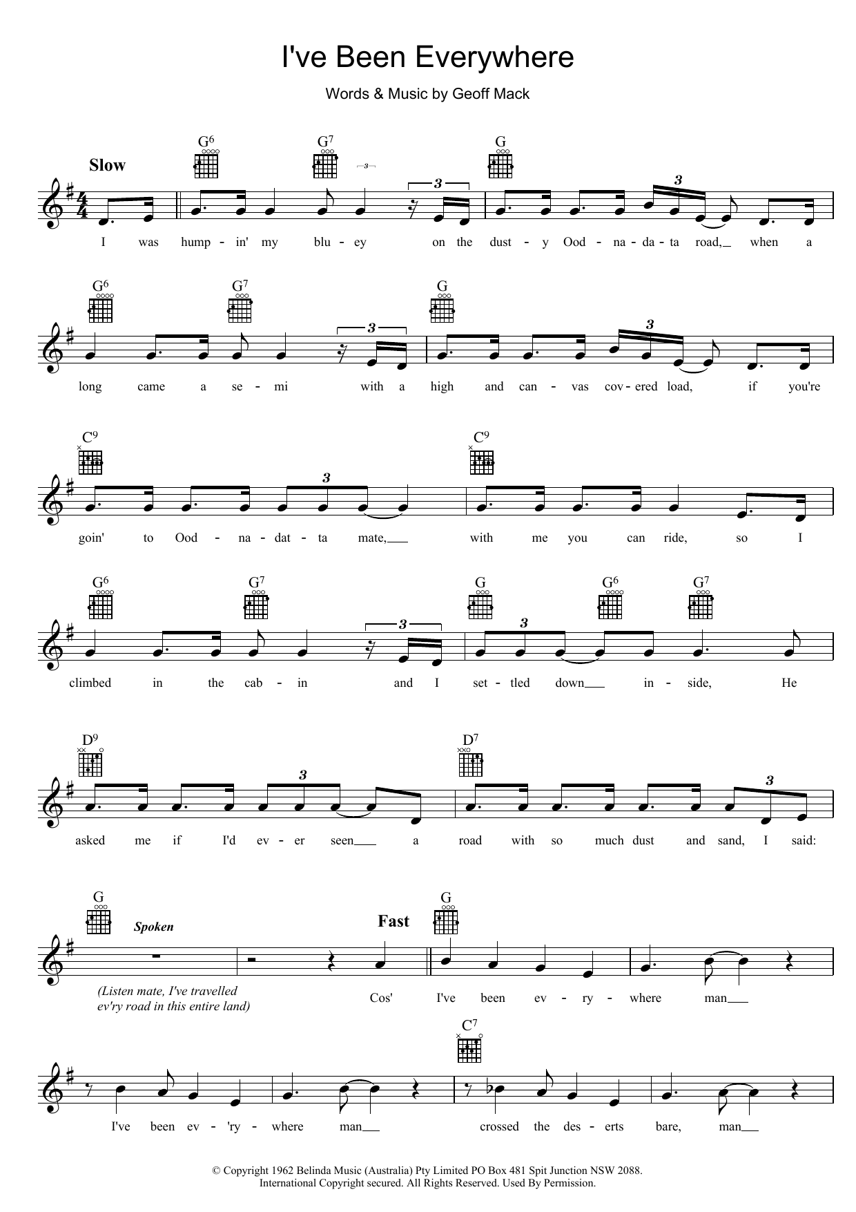 Lucky Starr I've Been Everywhere Sheet Music Notes & Chords for Melody Line, Lyrics & Chords - Download or Print PDF