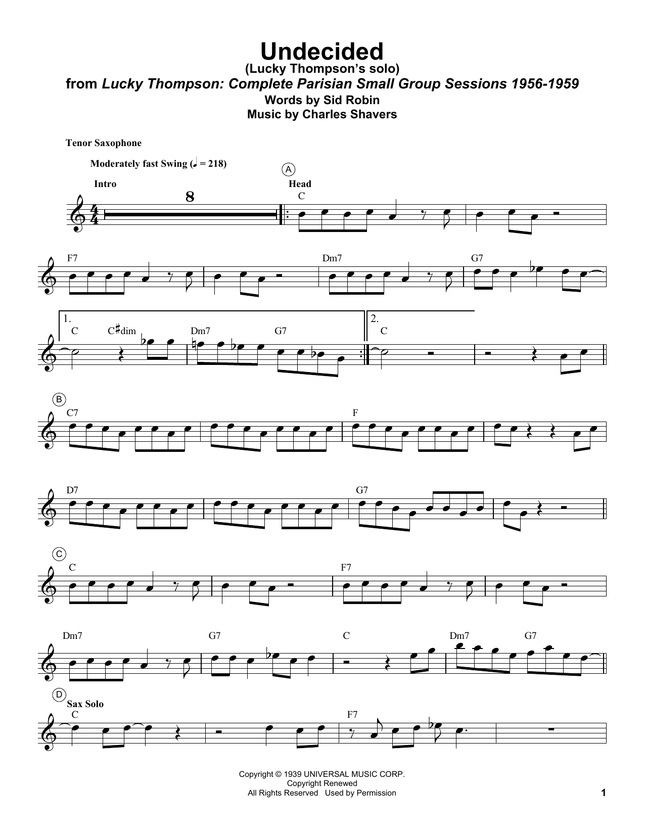 Lucky Thompson Undecided Sheet Music Notes & Chords for Tenor Sax Transcription - Download or Print PDF