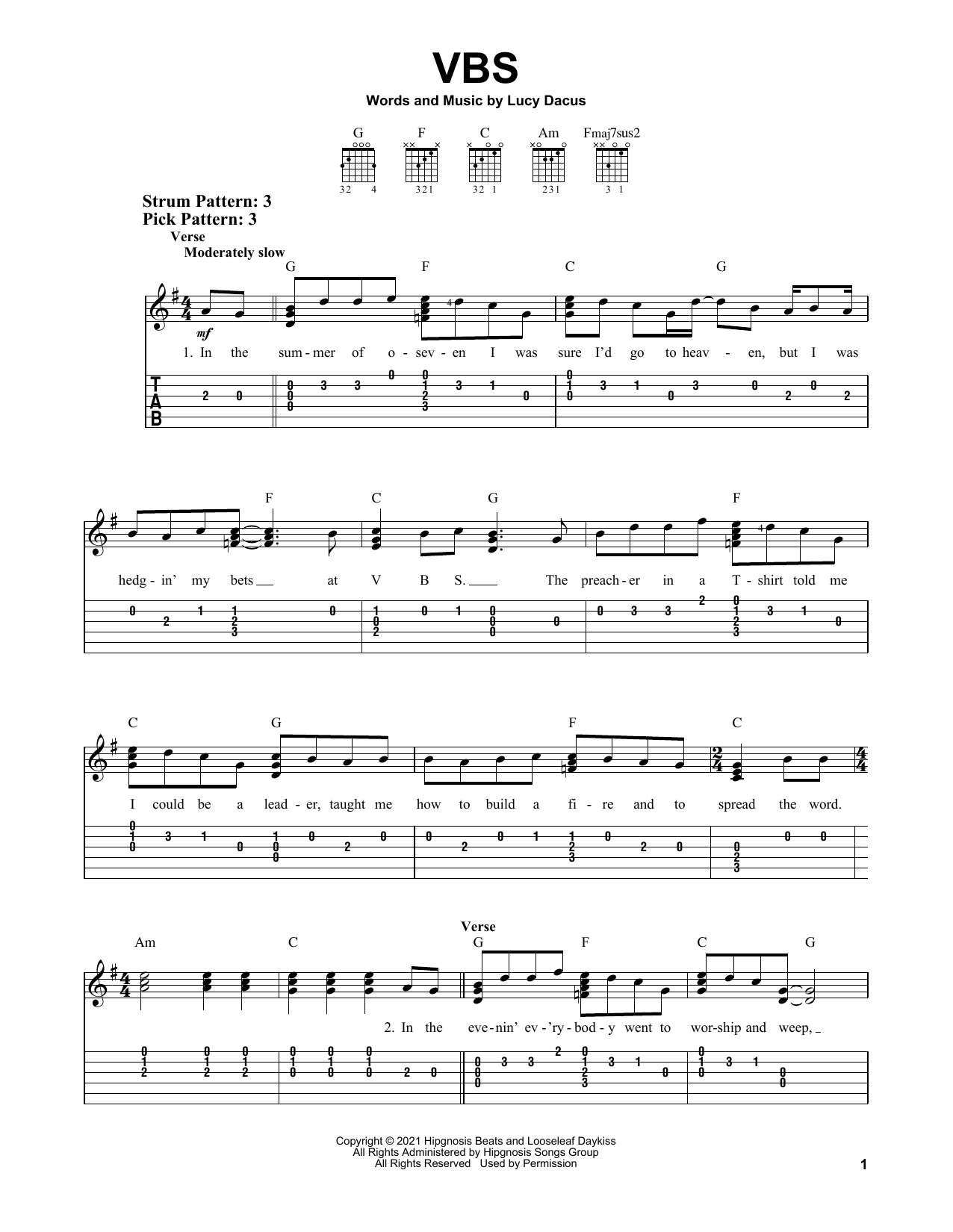 Lucy Dacus VBS Sheet Music Notes & Chords for Easy Guitar Tab - Download or Print PDF