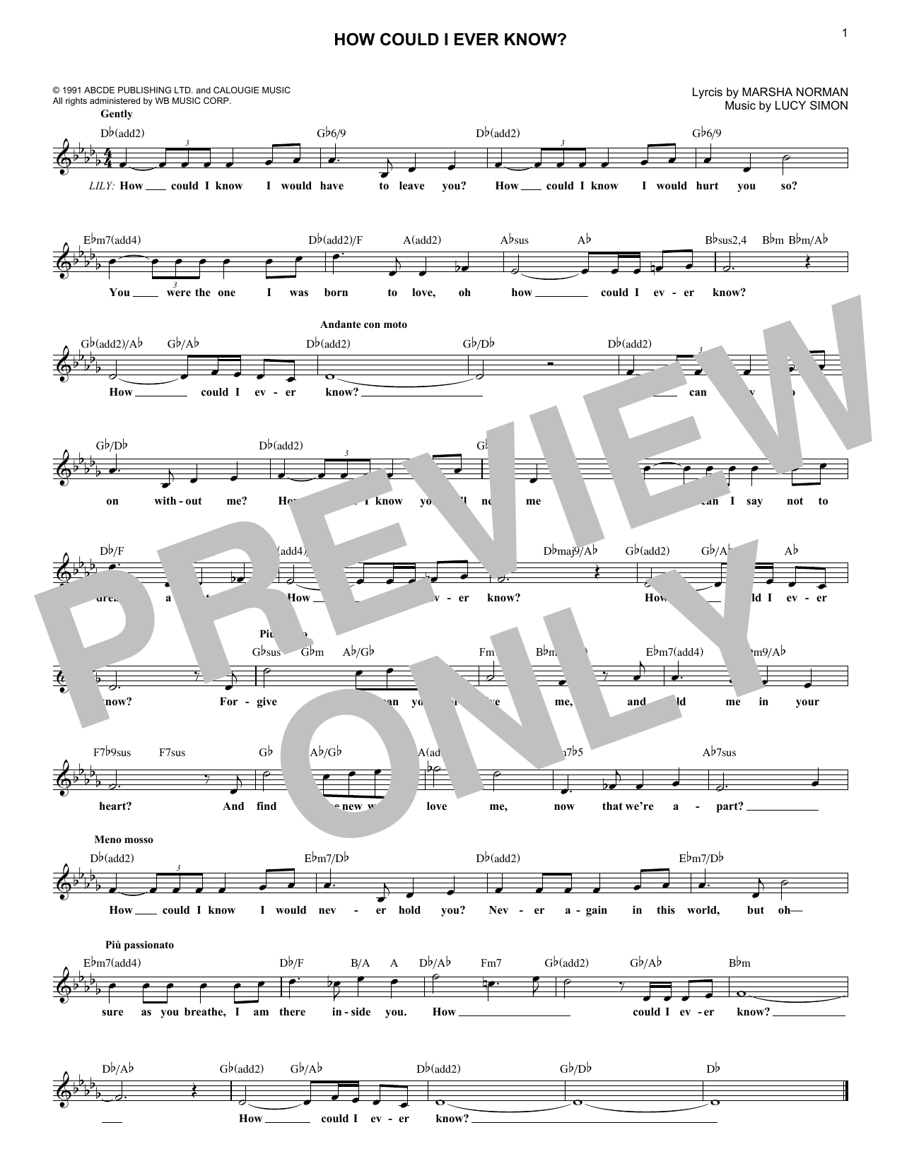 Lucy Simon How Could I Ever Know? Sheet Music Notes & Chords for Melody Line, Lyrics & Chords - Download or Print PDF