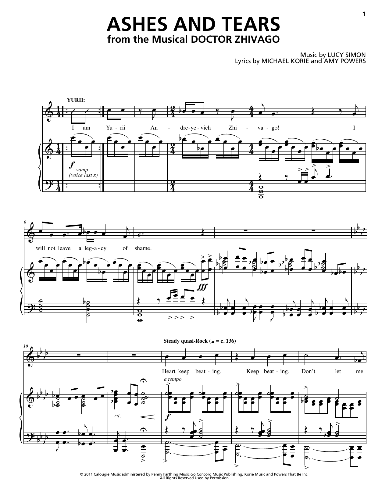 Lucy Simon, Michael Korie & Amy Powers Ashes And Tears Sheet Music Notes & Chords for Piano & Vocal - Download or Print PDF