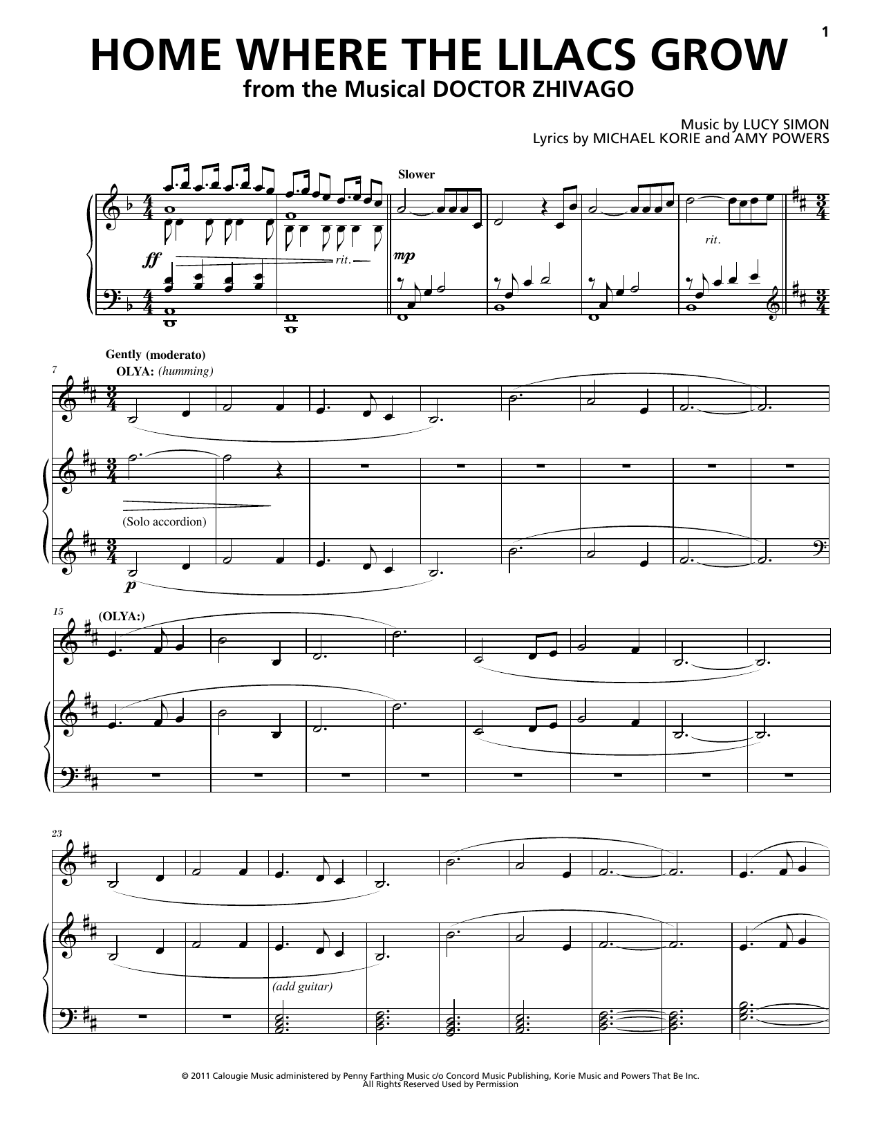 Lucy Simon, Michael Korie & Amy Powers Home Where The Lilacs Grow Sheet Music Notes & Chords for Piano & Vocal - Download or Print PDF