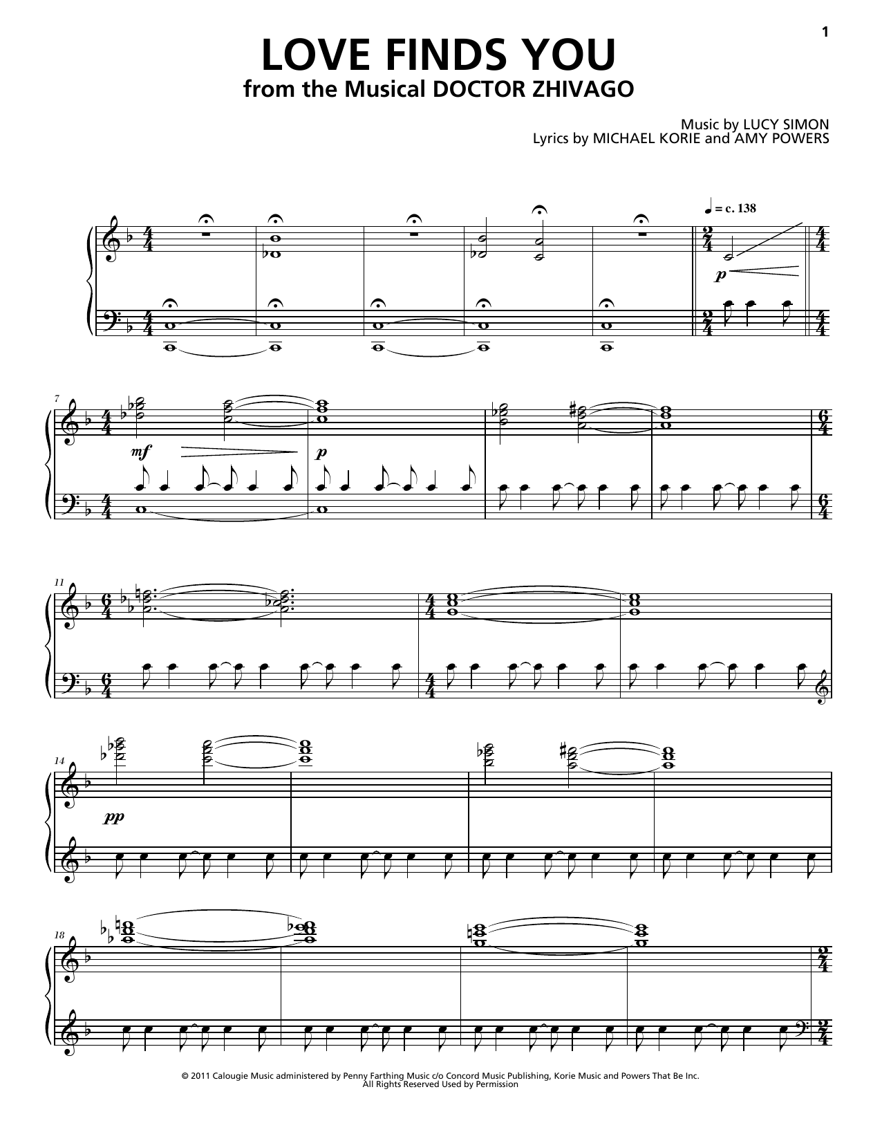 Lucy Simon, Michael Korie & Amy Powers Love Finds You Sheet Music Notes & Chords for Piano & Vocal - Download or Print PDF