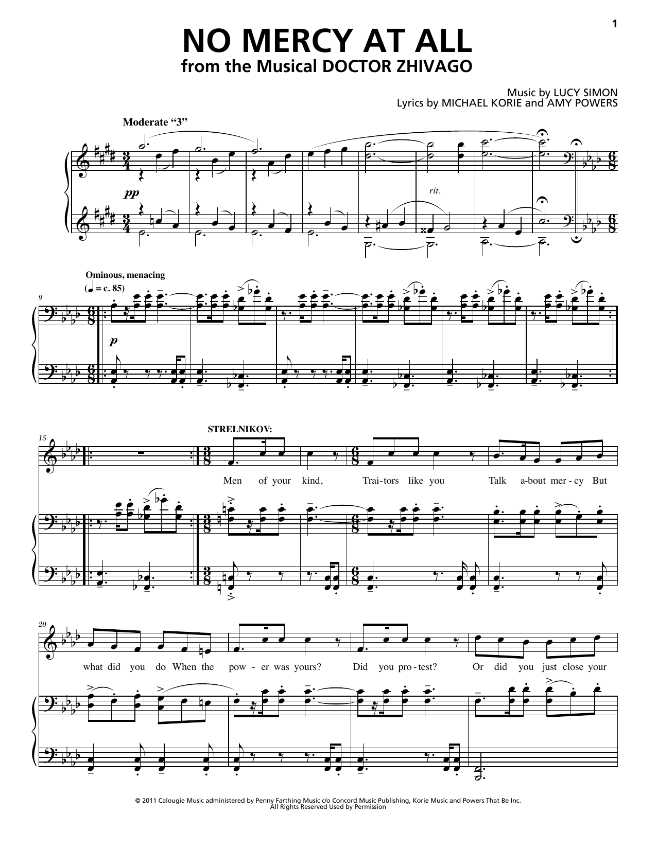 Lucy Simon, Michael Korie & Amy Powers No Mercy At All (from Doctor Zhivago: The Broadway Musical) Sheet Music Notes & Chords for Piano & Vocal - Download or Print PDF
