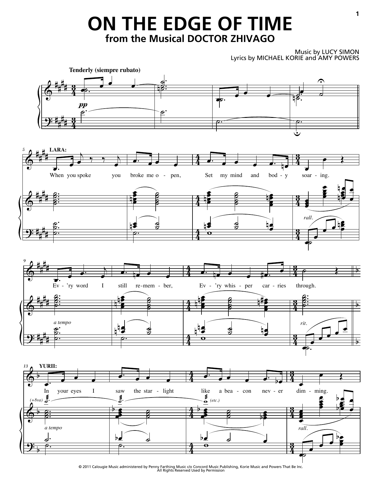 Lucy Simon, Michael Korie & Amy Powers On The Edge Of Time Sheet Music Notes & Chords for Piano & Vocal - Download or Print PDF
