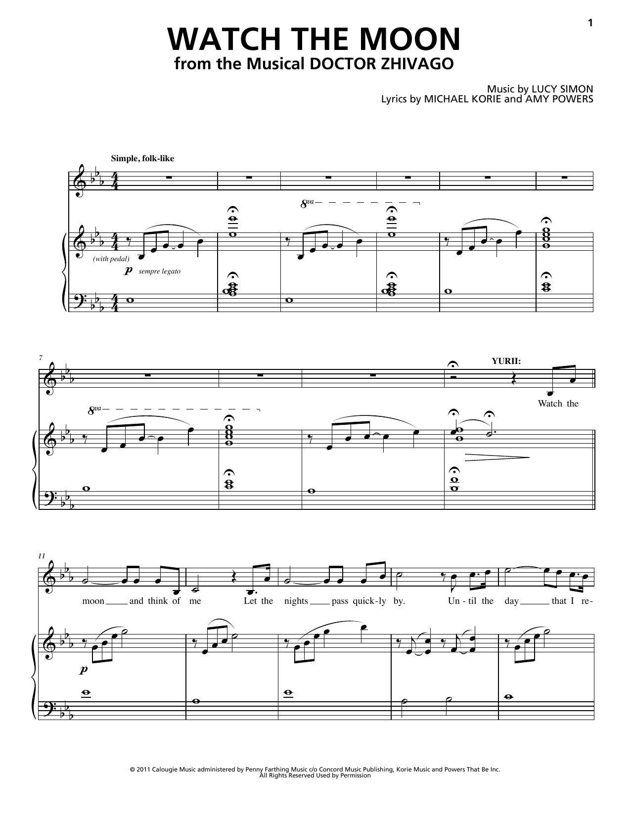 Lucy Simon, Michael Korie & Amy Powers Watch The Moon Sheet Music Notes & Chords for Piano & Vocal - Download or Print PDF