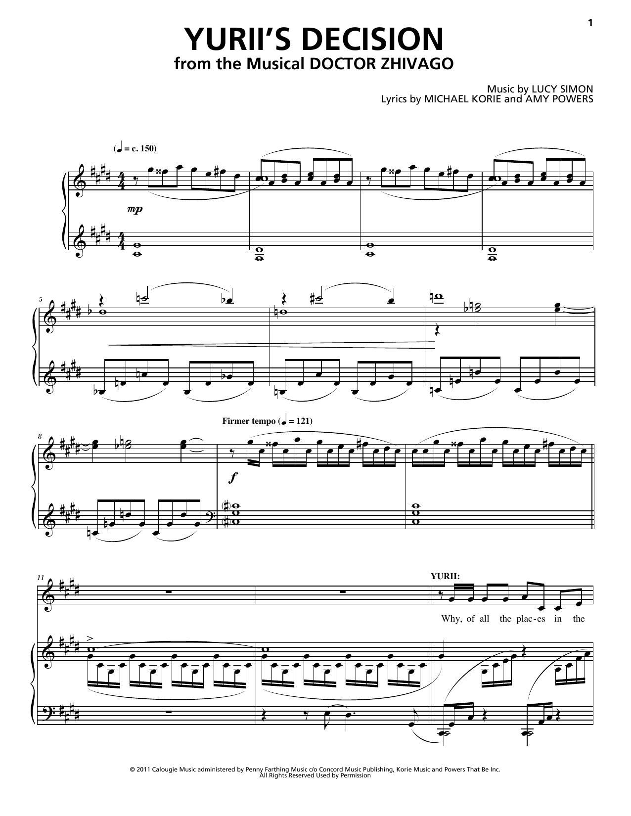 Lucy Simon, Michael Korie & Amy Powers Yurii's Decision Sheet Music Notes & Chords for Piano & Vocal - Download or Print PDF