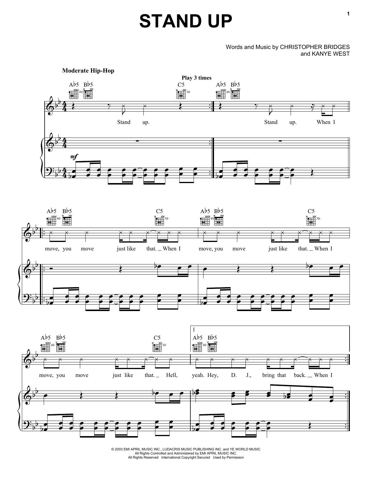 Ludacris Stand Up Sheet Music Notes & Chords for Piano, Vocal & Guitar (Right-Hand Melody) - Download or Print PDF