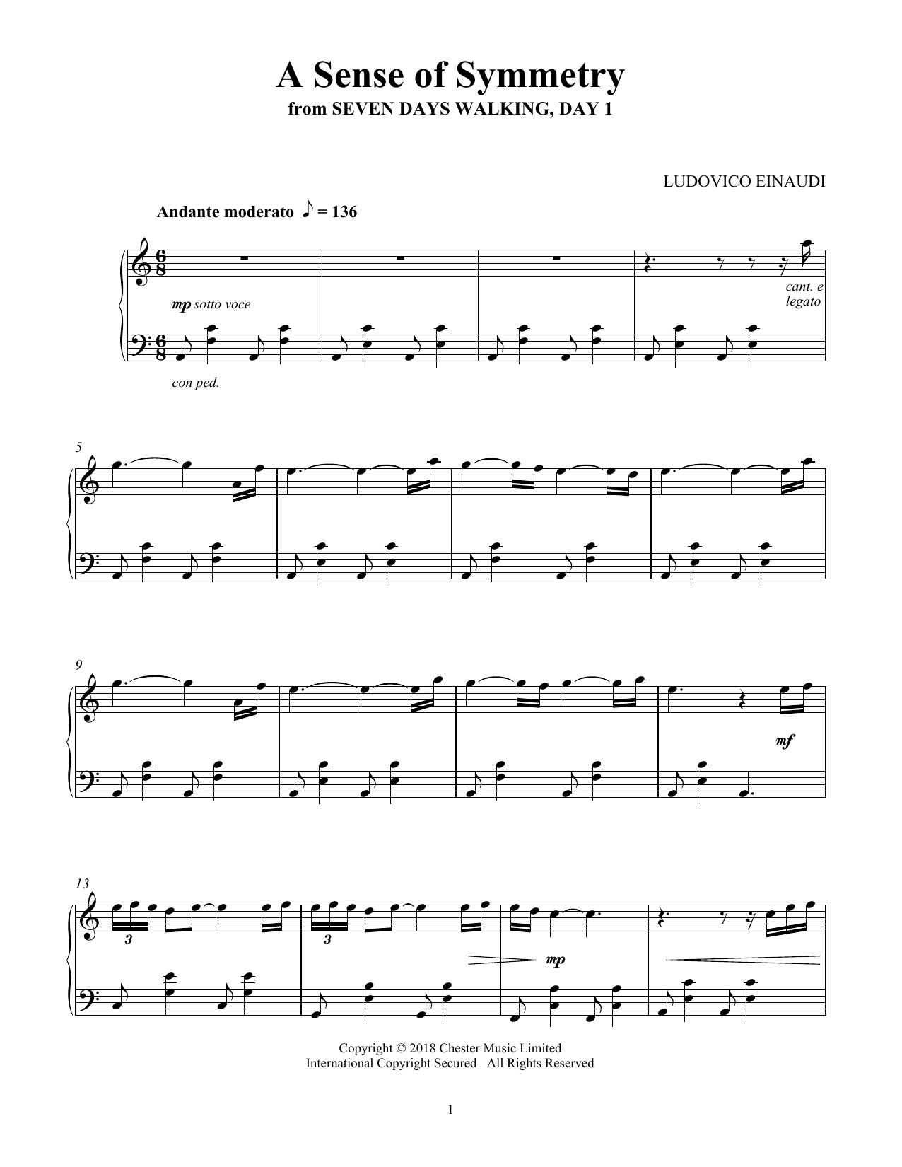 Ludovico Einaudi A Sense Of Symmetry (from Seven Days Walking: Day 1) Sheet Music Notes & Chords for Piano Solo - Download or Print PDF