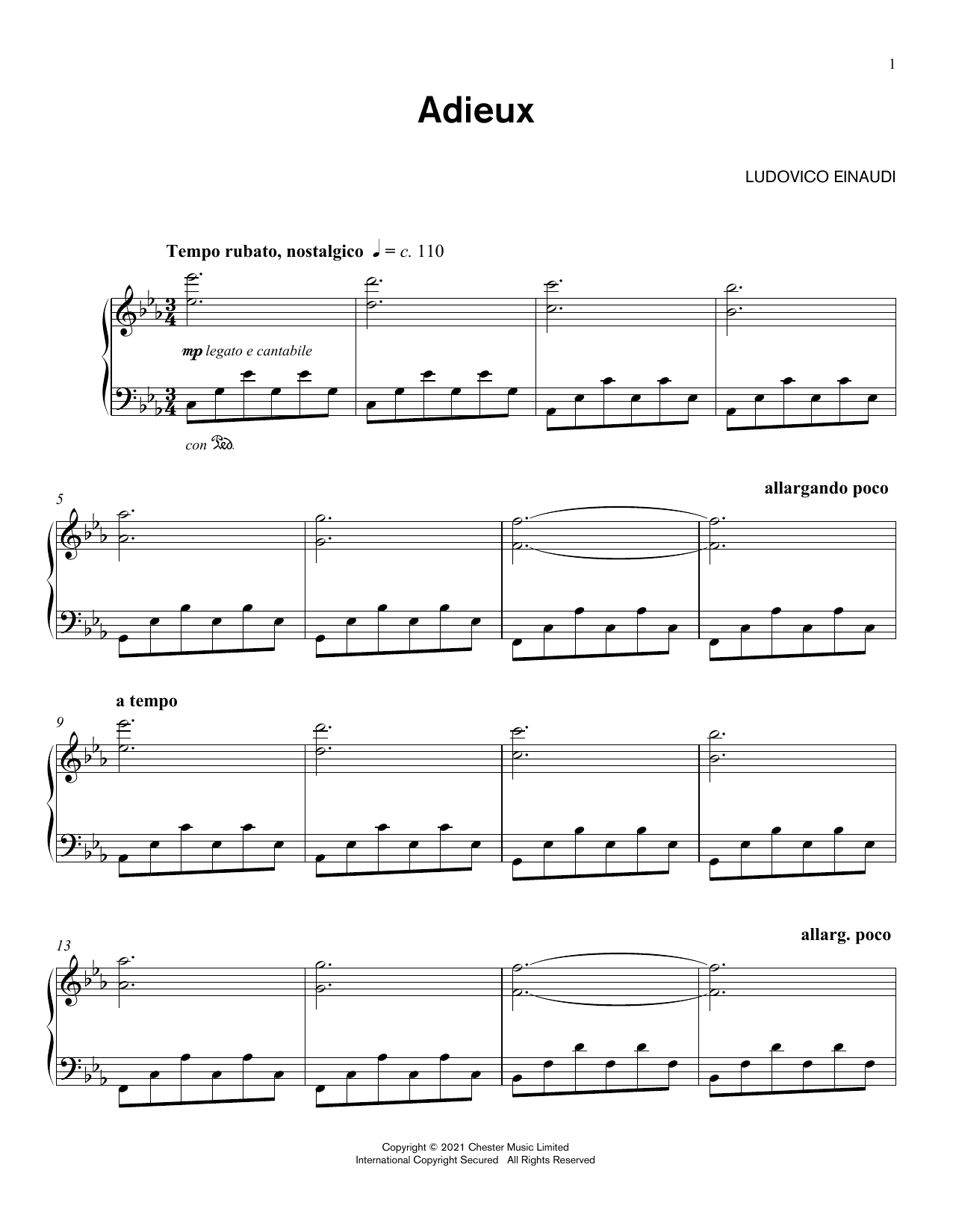 Ludovico Einaudi Adieux Sheet Music Notes & Chords for Piano Solo - Download or Print PDF