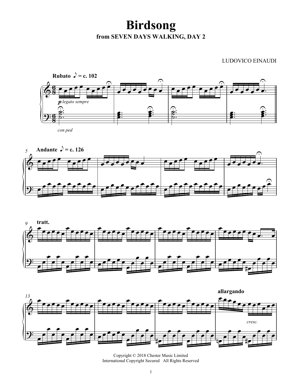 Ludovico Einaudi Birdsong (from Seven Days Walking: Day 2) Sheet Music Notes & Chords for Piano Solo - Download or Print PDF