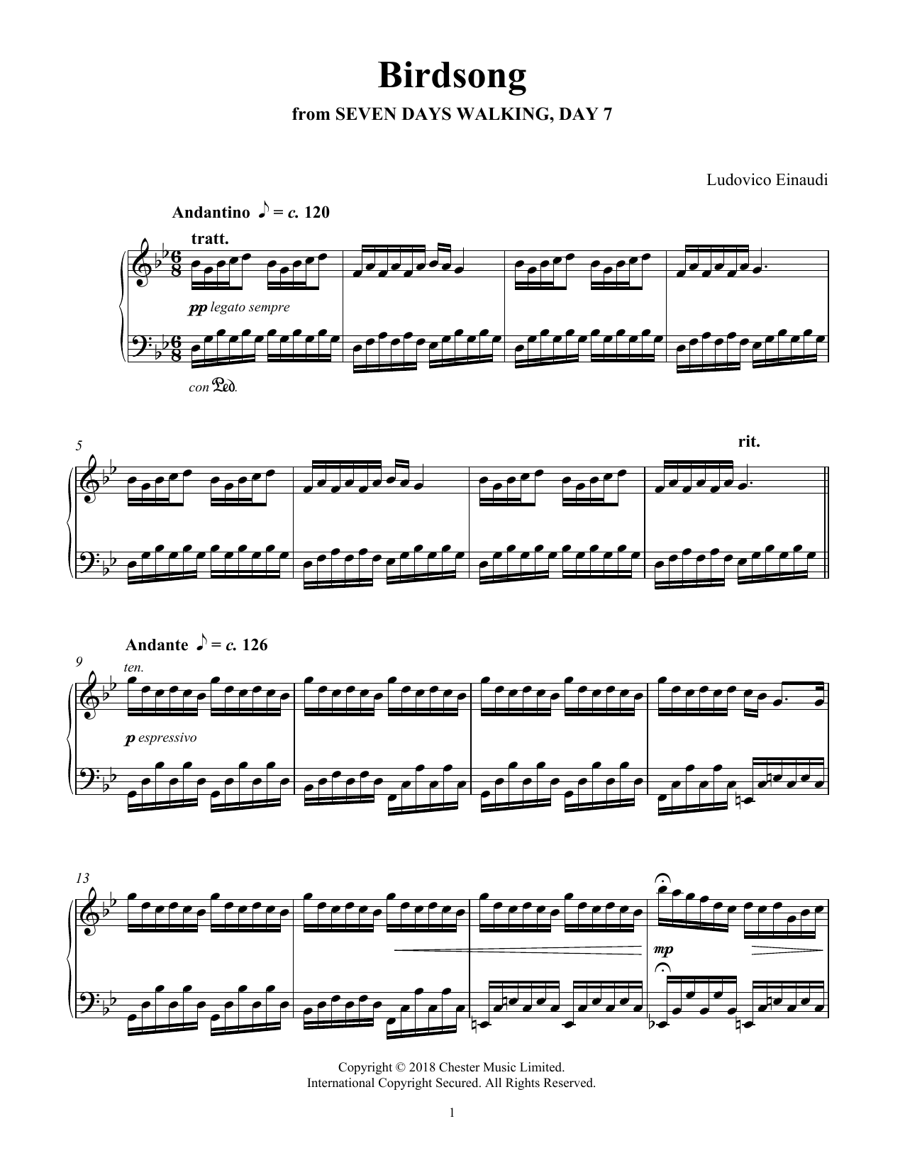 Ludovico Einaudi Birdsong (from Seven Days Walking: Day 7) Sheet Music Notes & Chords for Piano Solo - Download or Print PDF