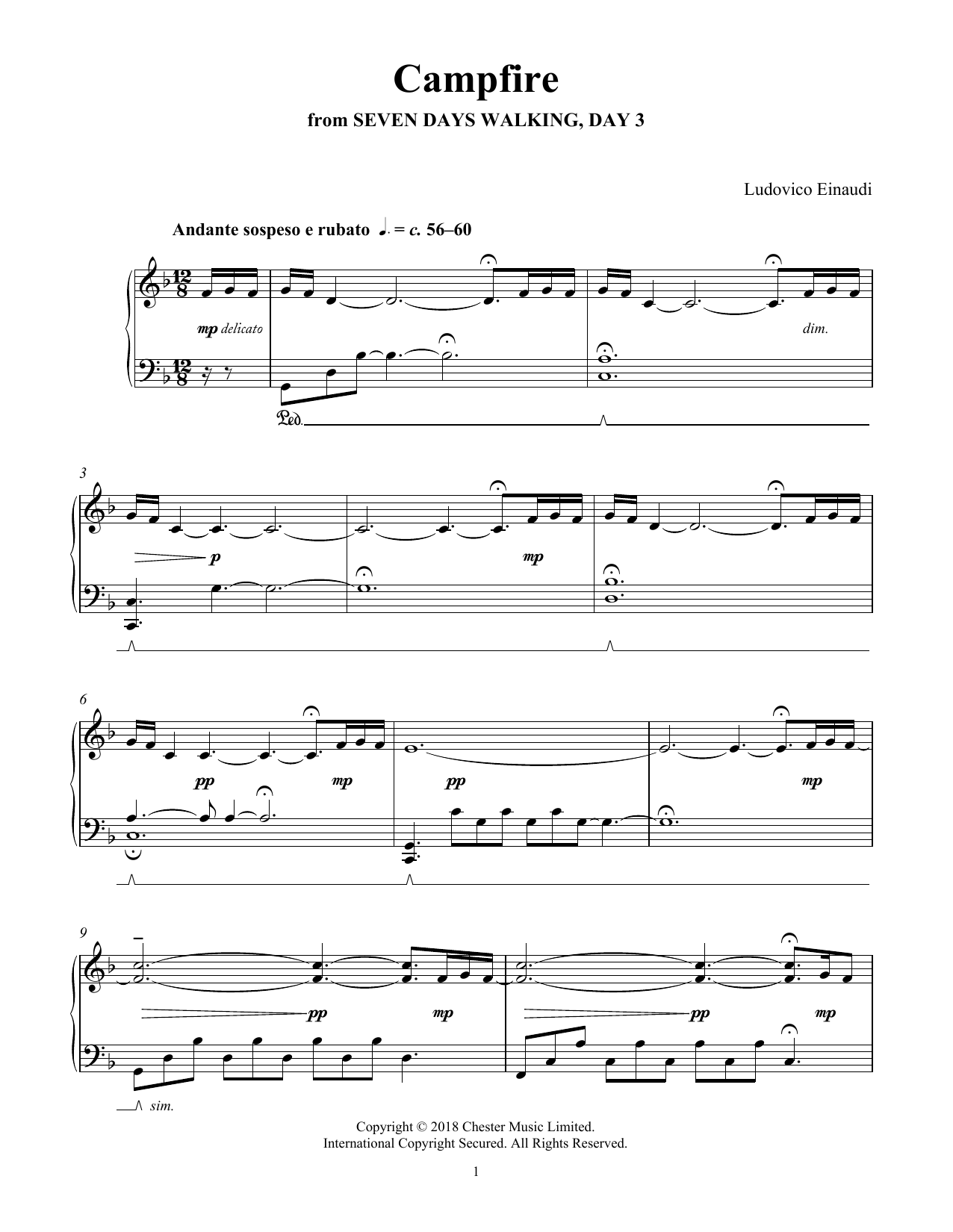 Ludovico Einaudi Campfire (from Seven Days Walking: Day 3) Sheet Music Notes & Chords for Piano Solo - Download or Print PDF