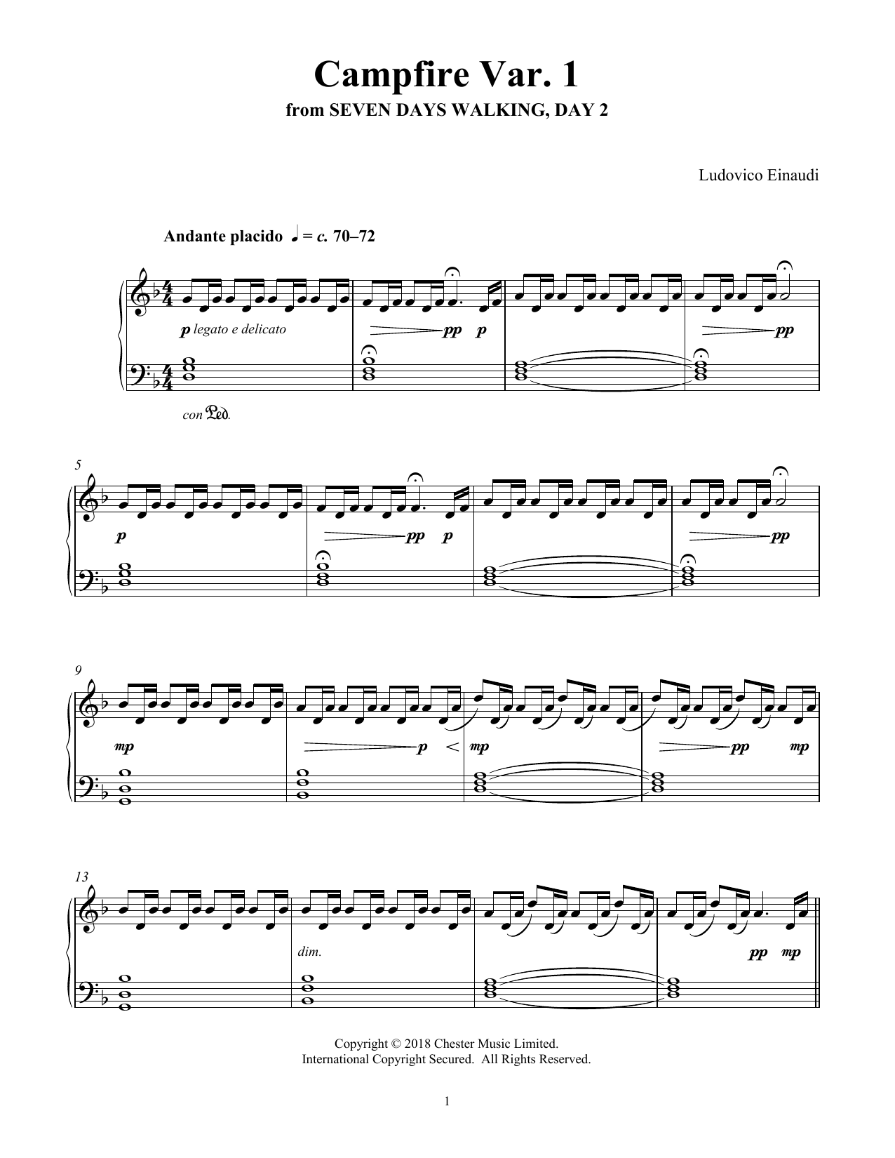 Ludovico Einaudi Campfire Var. 1 (from Seven Days Walking: Day 2) Sheet Music Notes & Chords for Piano Solo - Download or Print PDF
