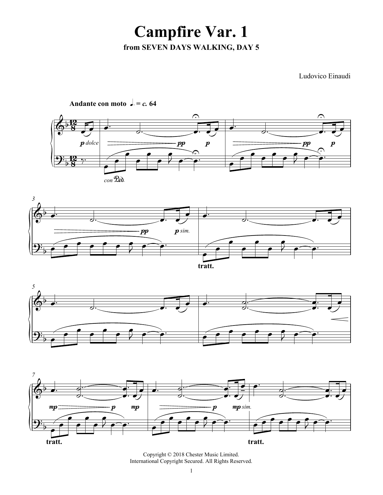 Ludovico Einaudi Campfire Var. 1 (from Seven Days Walking: Day 5) Sheet Music Notes & Chords for Piano Solo - Download or Print PDF