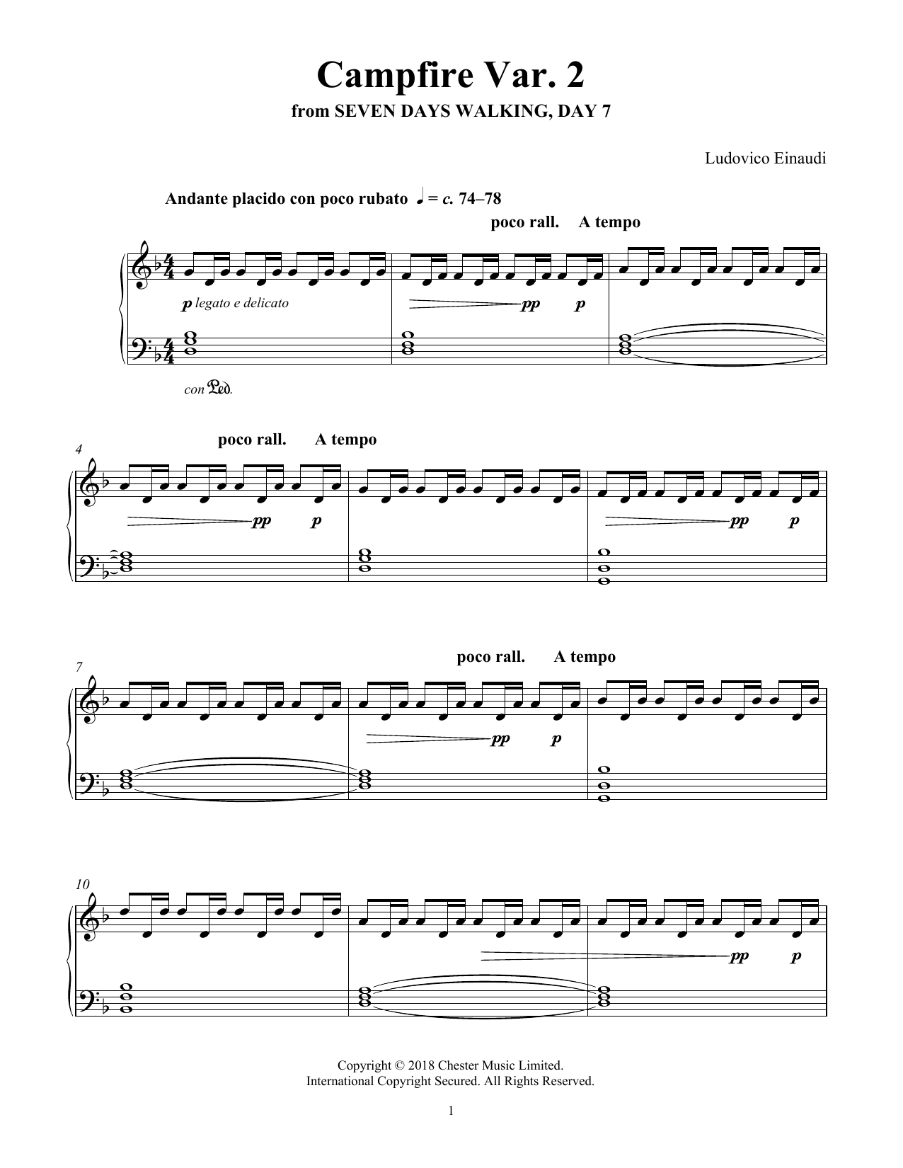 Ludovico Einaudi Campfire Var. 2 (from Seven Days Walking: Day 7) Sheet Music Notes & Chords for Piano Solo - Download or Print PDF