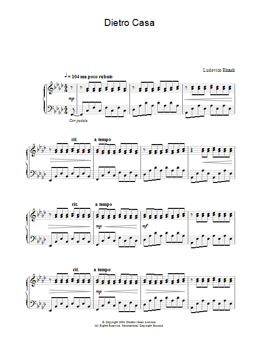 Ludovico Einaudi Dietro Casa Sheet Music Notes & Chords for Piano - Download or Print PDF