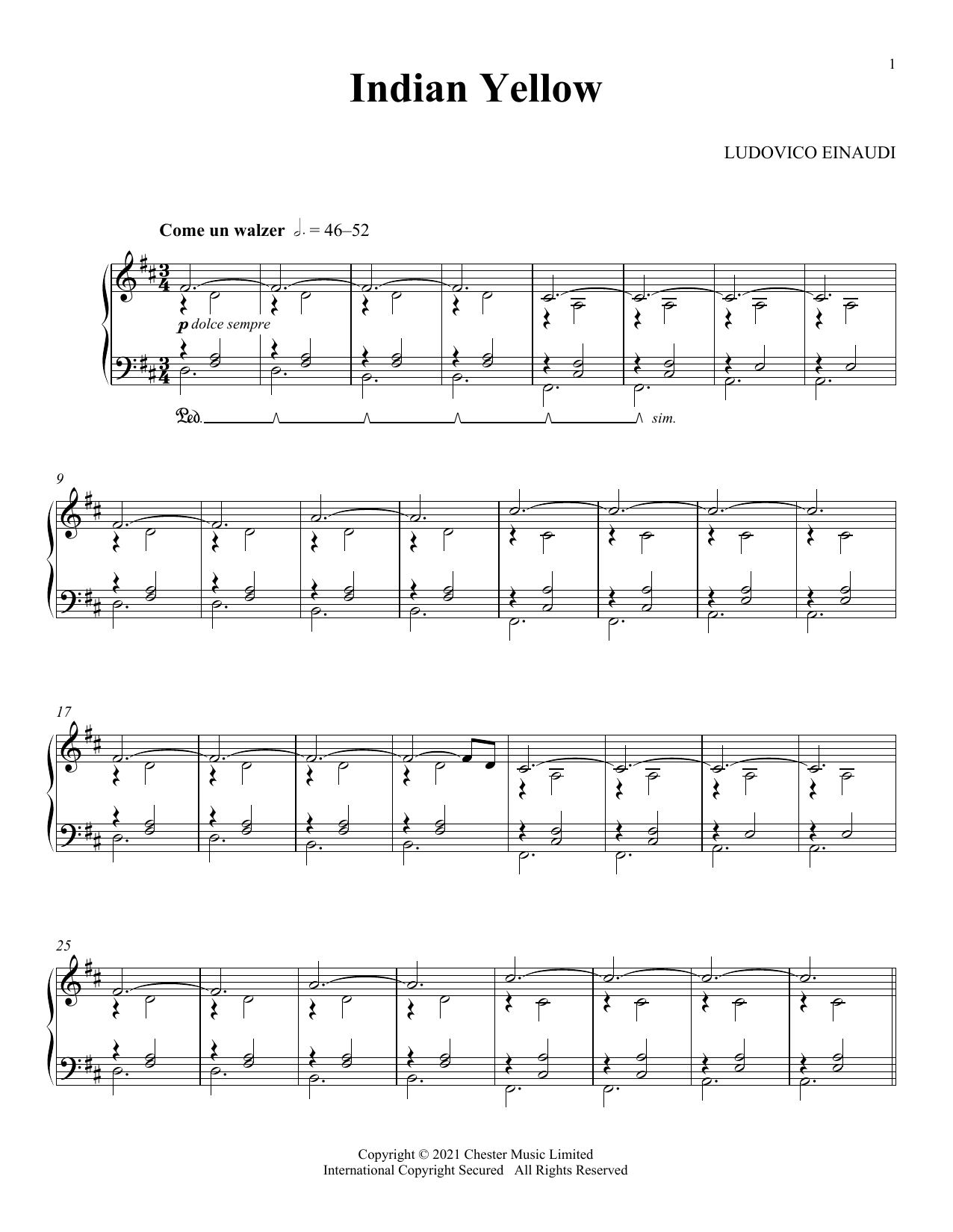 Ludovico Einaudi Indian Yellow Sheet Music Notes & Chords for Piano Solo - Download or Print PDF