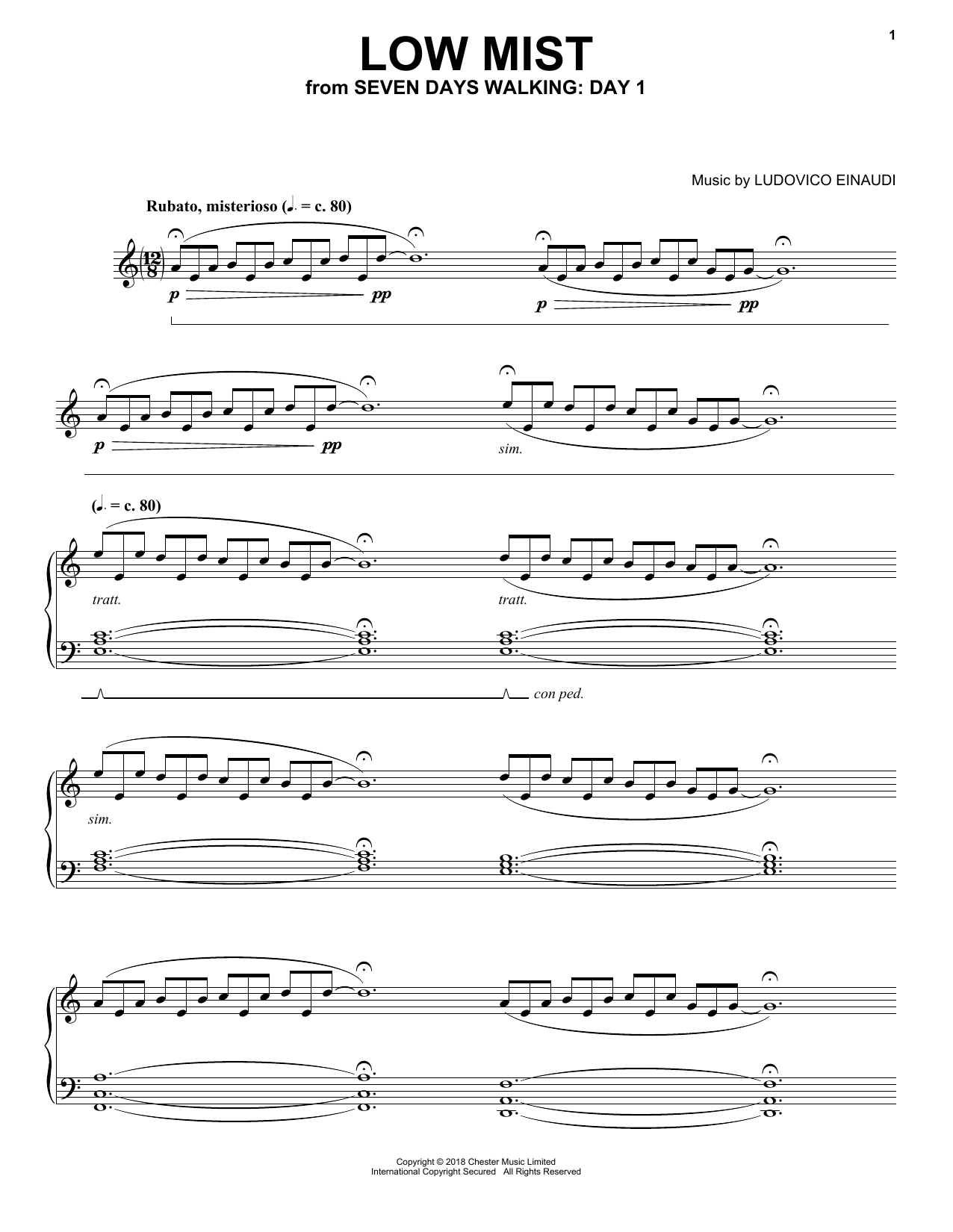 Ludovico Einaudi Low Mist (from Seven Days Walking: Day 1) Sheet Music Notes & Chords for Piano Solo - Download or Print PDF