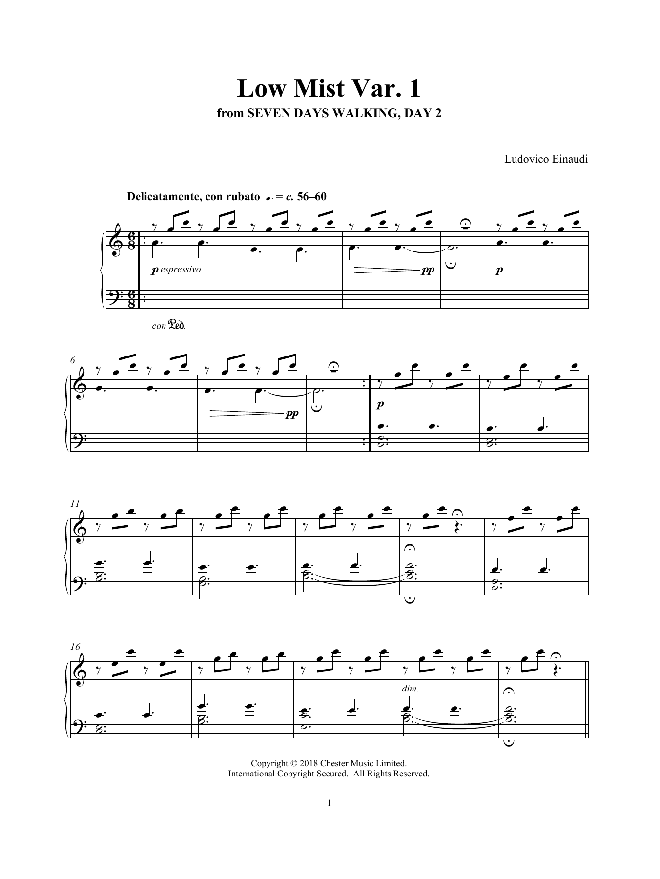 Ludovico Einaudi Low Mist Var. 1 (from Seven Days Walking: Day 2) Sheet Music Notes & Chords for Piano Solo - Download or Print PDF