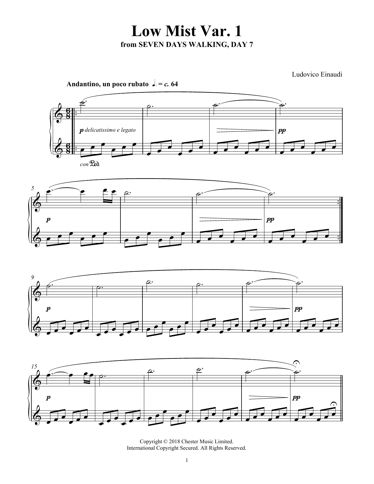 Ludovico Einaudi Low Mist Var. 1 (from Seven Days Walking: Day 7) Sheet Music Notes & Chords for Piano Solo - Download or Print PDF