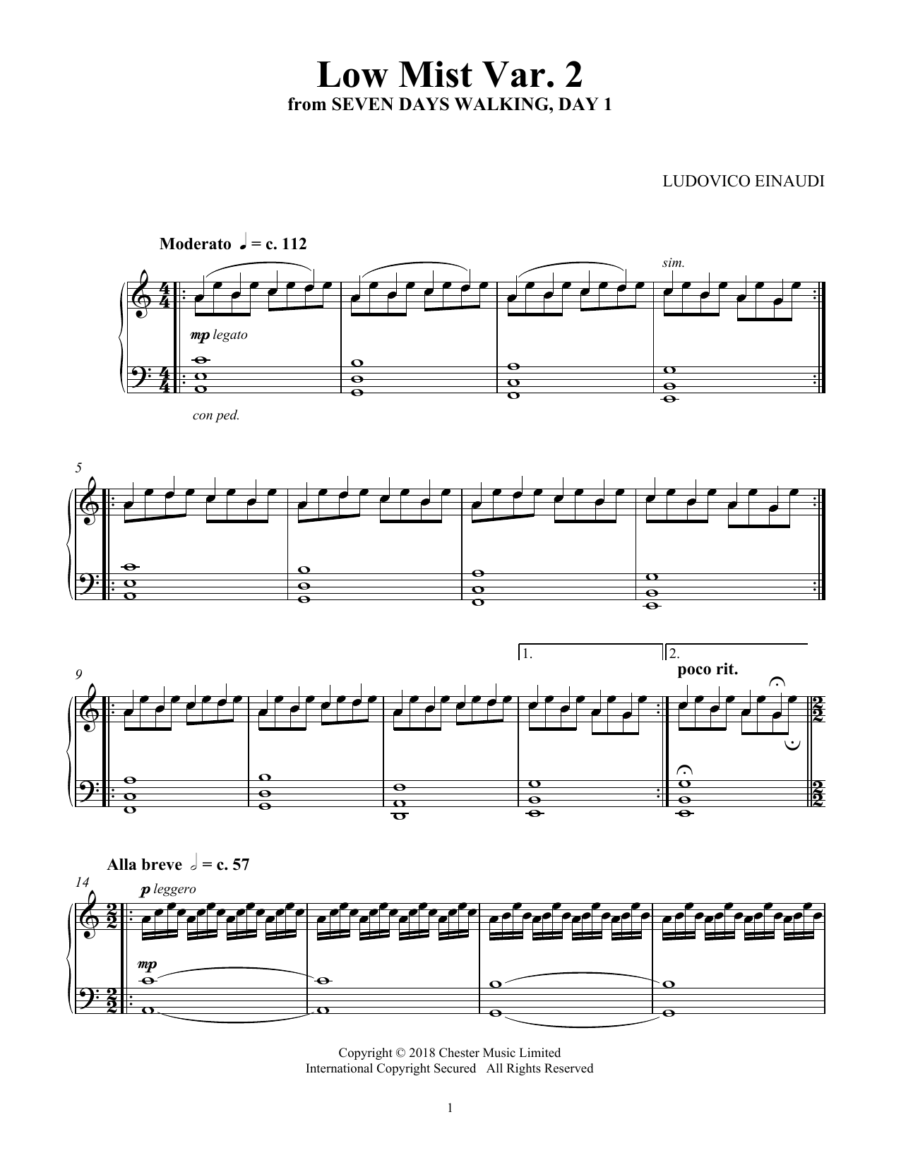 Ludovico Einaudi Low Mist Var. 2 (from Seven Days Walking: Day 1) Sheet Music Notes & Chords for Piano Solo - Download or Print PDF