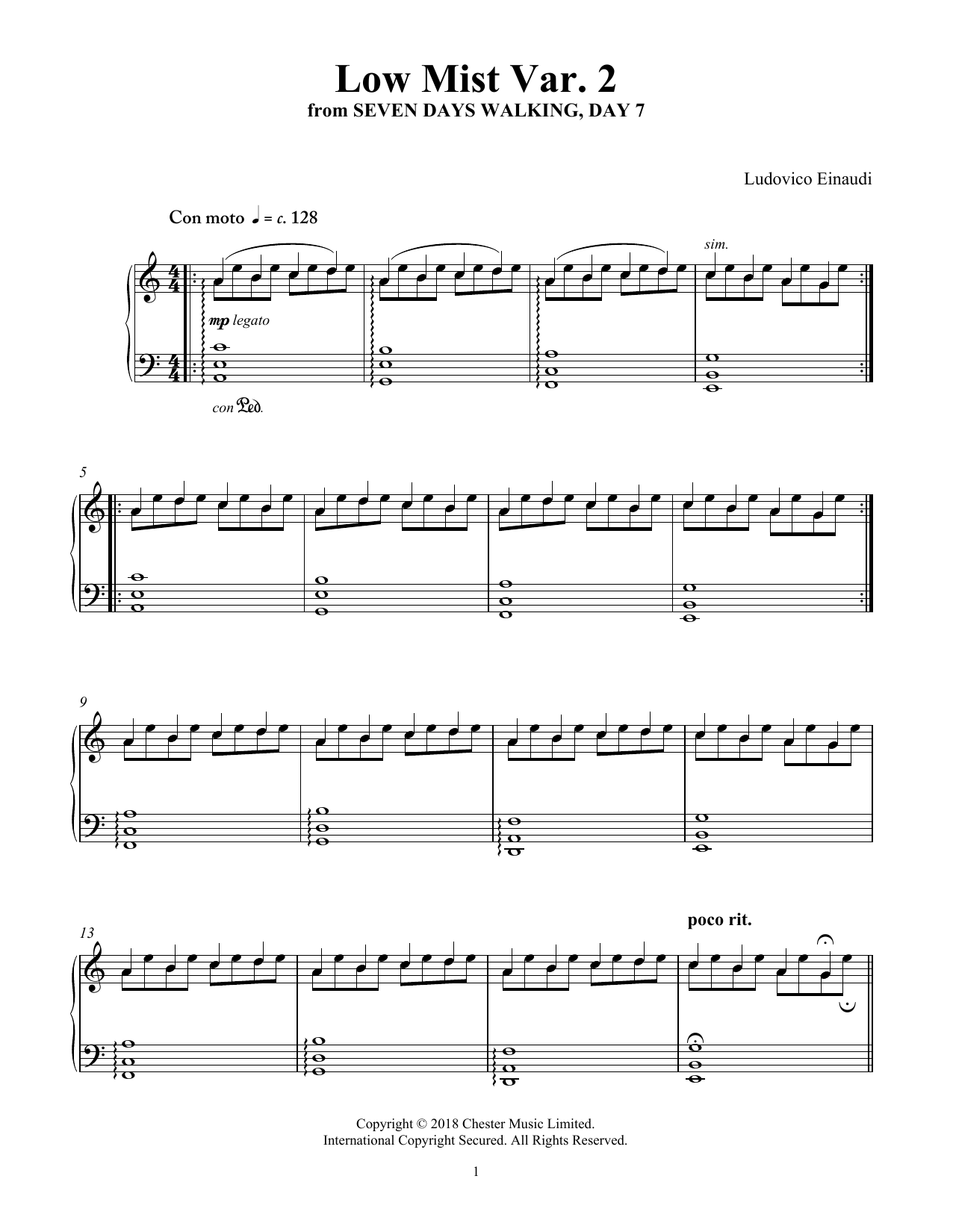 Ludovico Einaudi Low Mist Var. 2 (from Seven Days Walking: Day 7) Sheet Music Notes & Chords for Piano Solo - Download or Print PDF