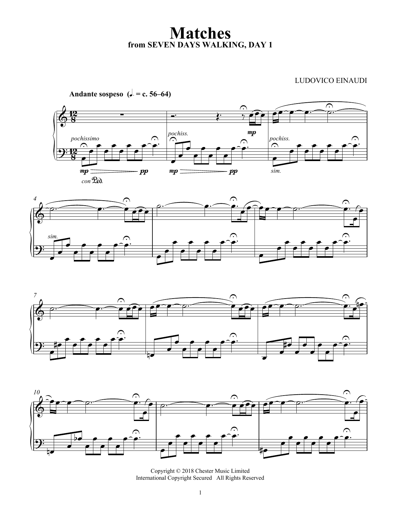 Ludovico Einaudi Matches (from Seven Days Walking: Day 1) Sheet Music Notes & Chords for Piano Solo - Download or Print PDF