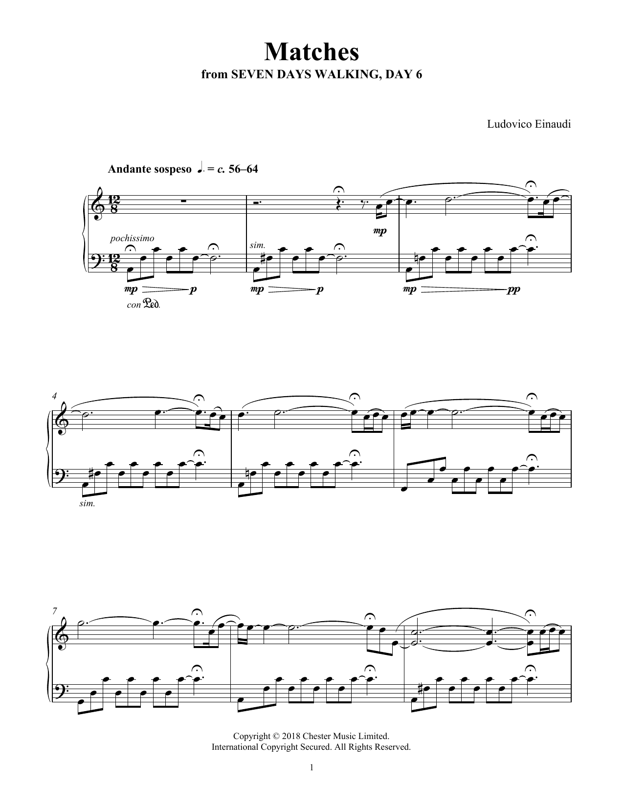 Ludovico Einaudi Matches (from Seven Days Walking: Day 6) Sheet Music Notes & Chords for Piano Solo - Download or Print PDF