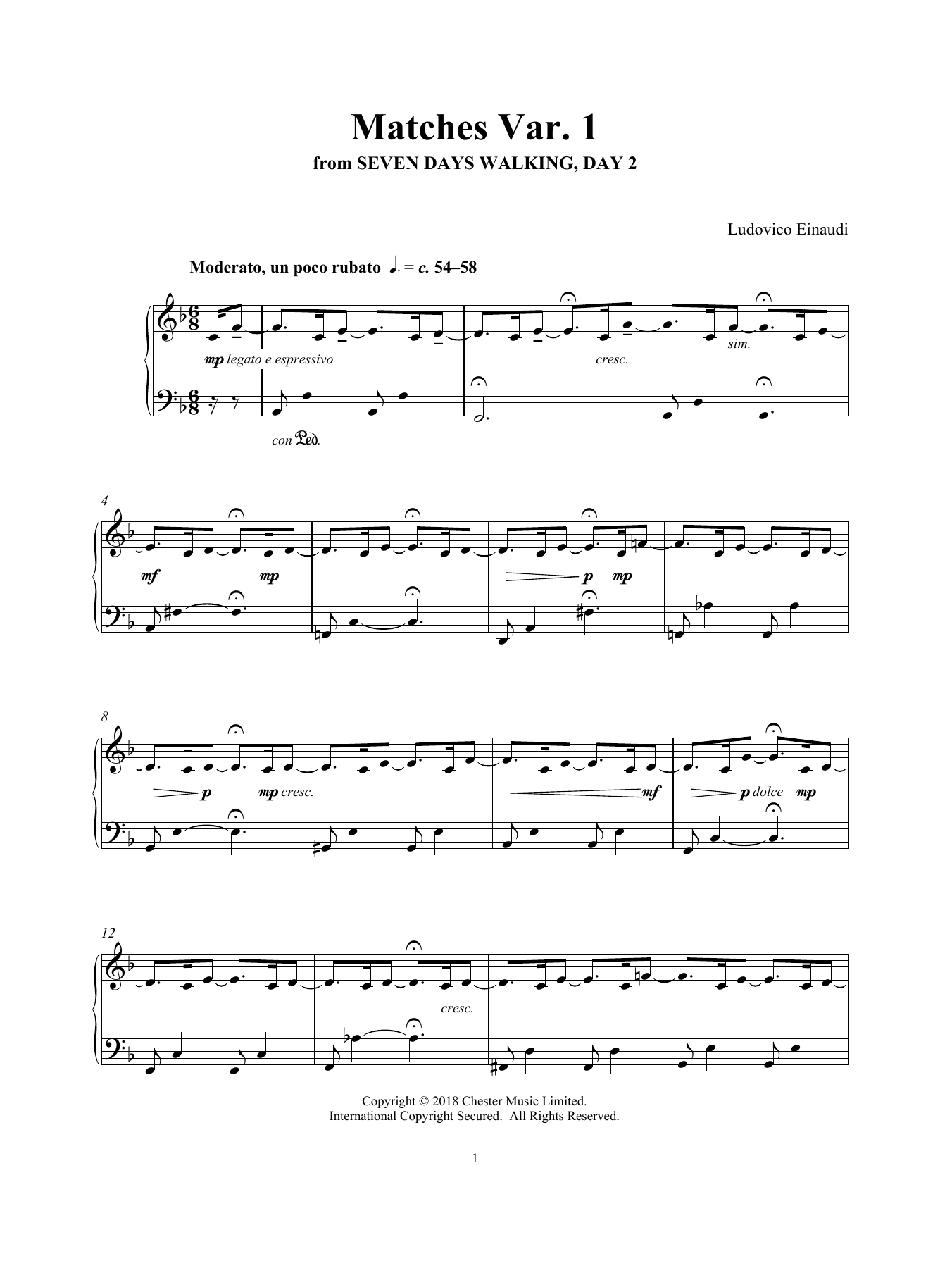 Ludovico Einaudi Matches Var. 1 (from Seven Days Walking: Day 2) Sheet Music Notes & Chords for Piano Solo - Download or Print PDF