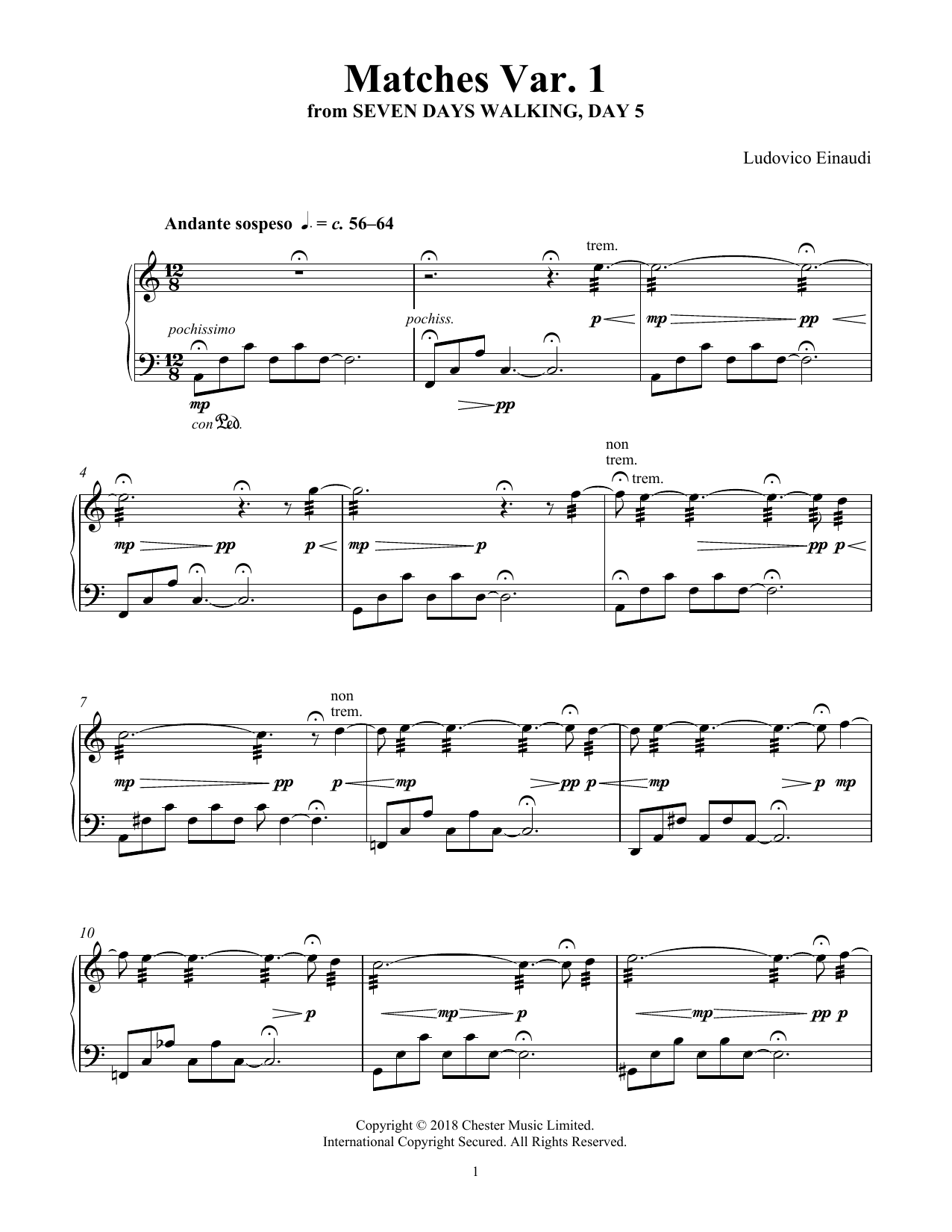 Ludovico Einaudi Matches Var. 1 (from Seven Days Walking: Day 5) Sheet Music Notes & Chords for Piano Solo - Download or Print PDF