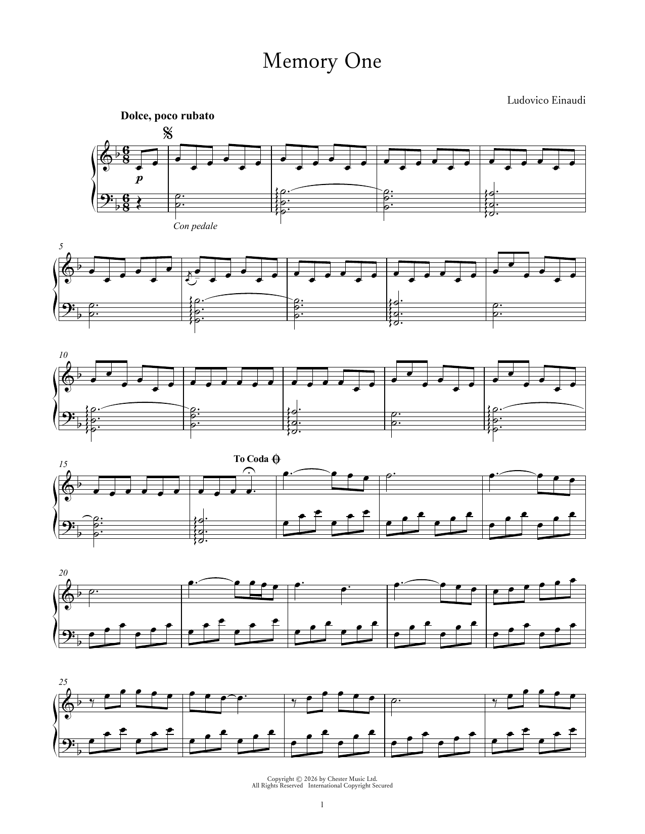 Ludovico Einaudi Memory One Sheet Music Notes & Chords for Piano Solo - Download or Print PDF