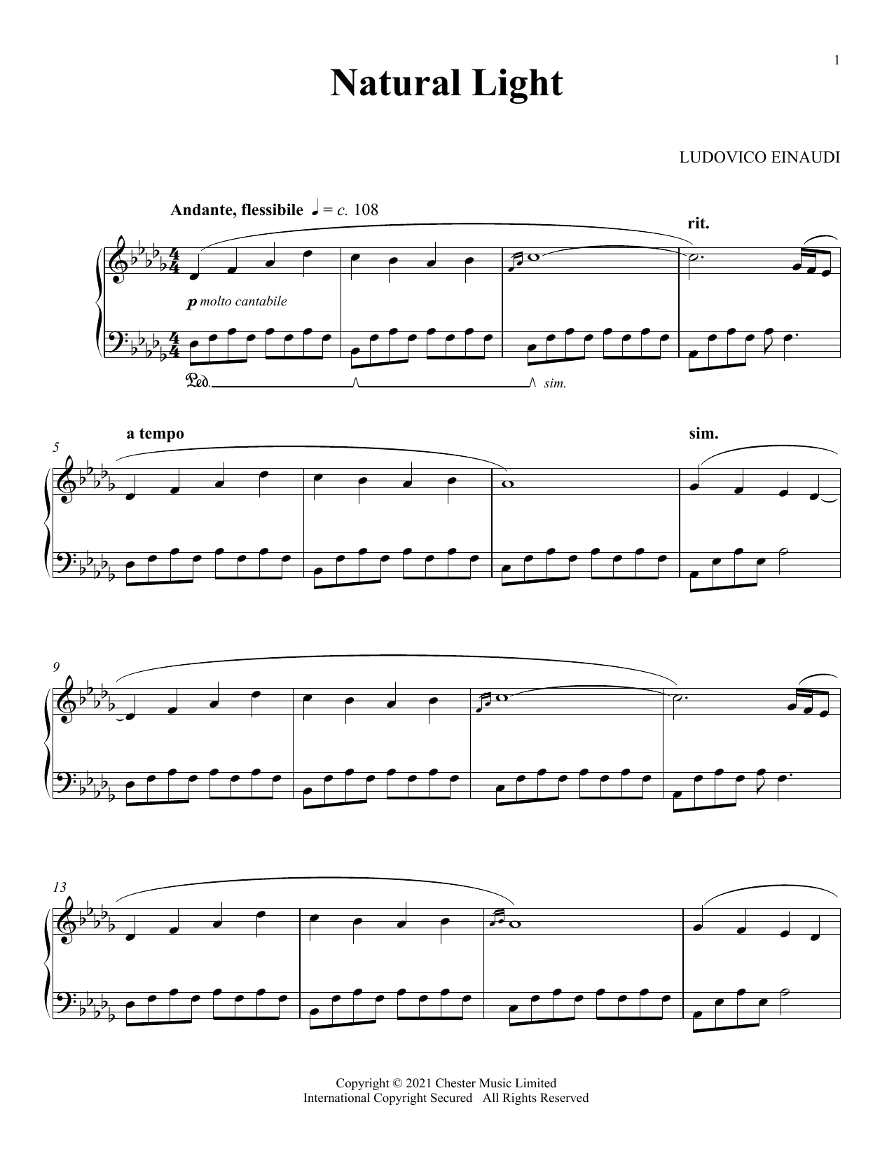 Ludovico Einaudi Natural Light Sheet Music Notes & Chords for Piano Solo - Download or Print PDF