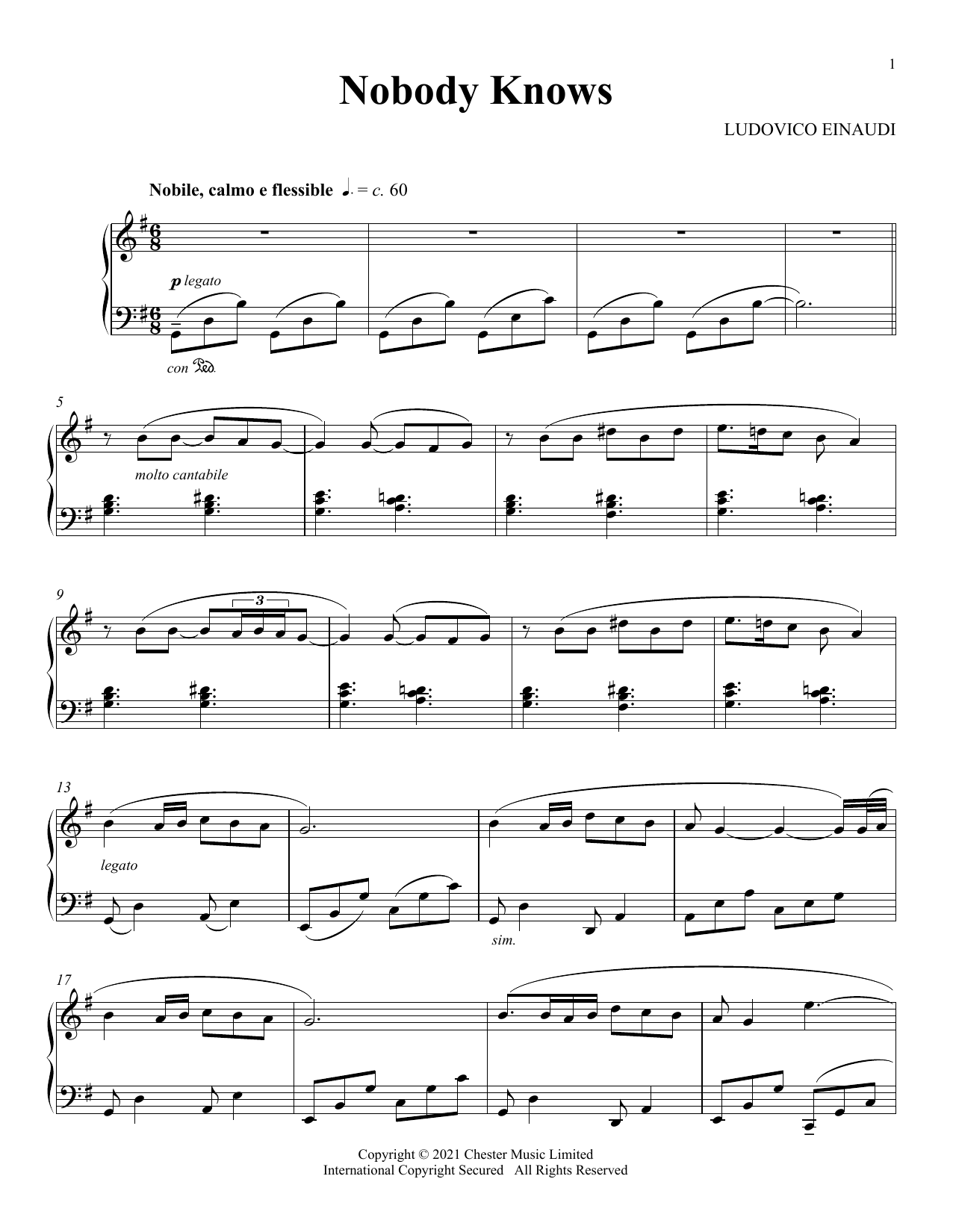 Ludovico Einaudi Nobody Knows Sheet Music Notes & Chords for Piano Solo - Download or Print PDF