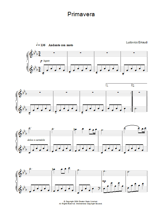 Ludovico Einaudi Primavera Sheet Music Notes & Chords for Easy Piano Solo - Download or Print PDF