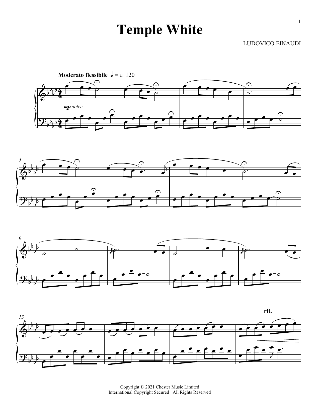 Ludovico Einaudi Temple White Sheet Music Notes & Chords for Piano Solo - Download or Print PDF