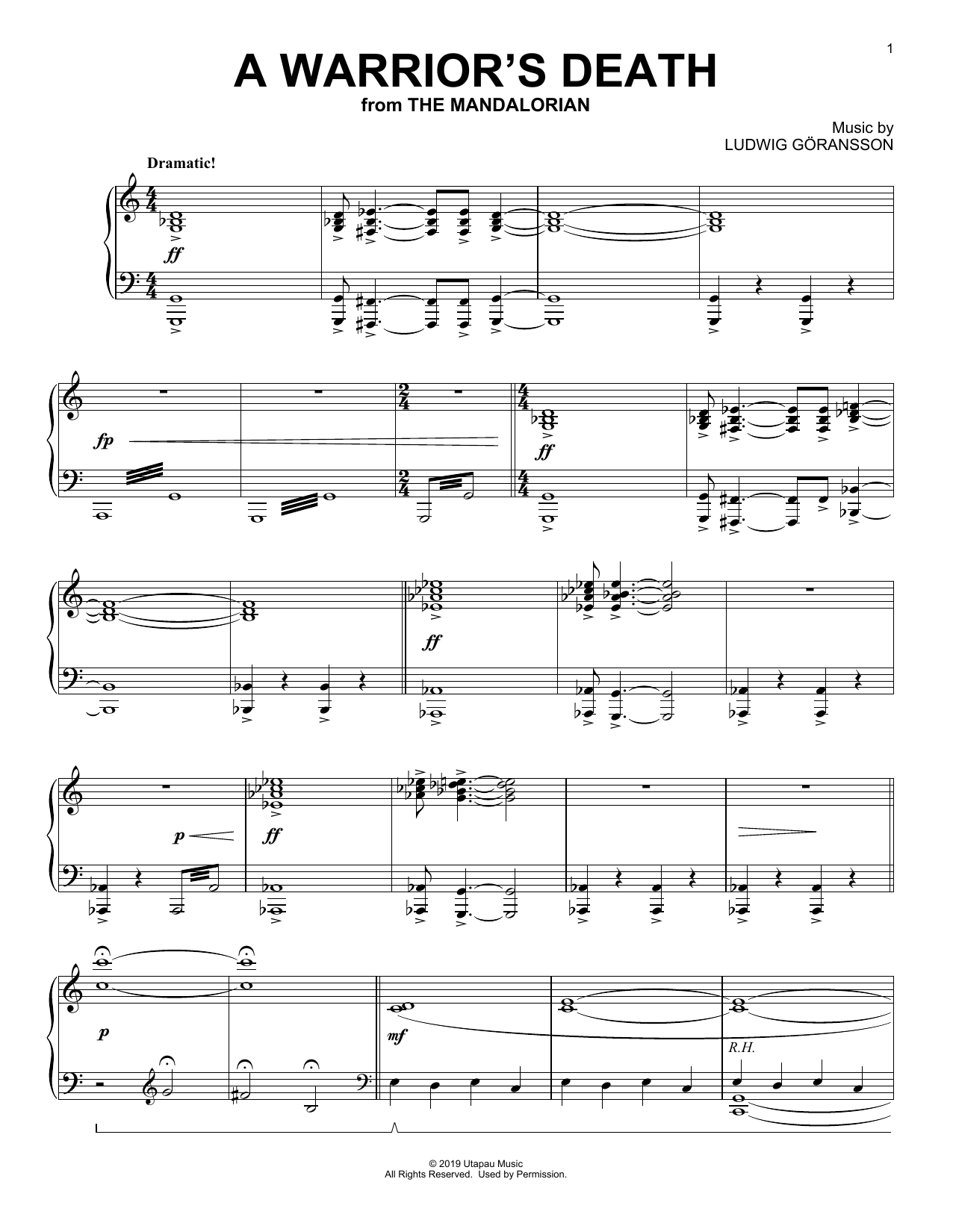 Ludwig Göransson A Warrior's Death (from Star Wars: The Mandalorian) Sheet Music Notes & Chords for Piano Solo - Download or Print PDF