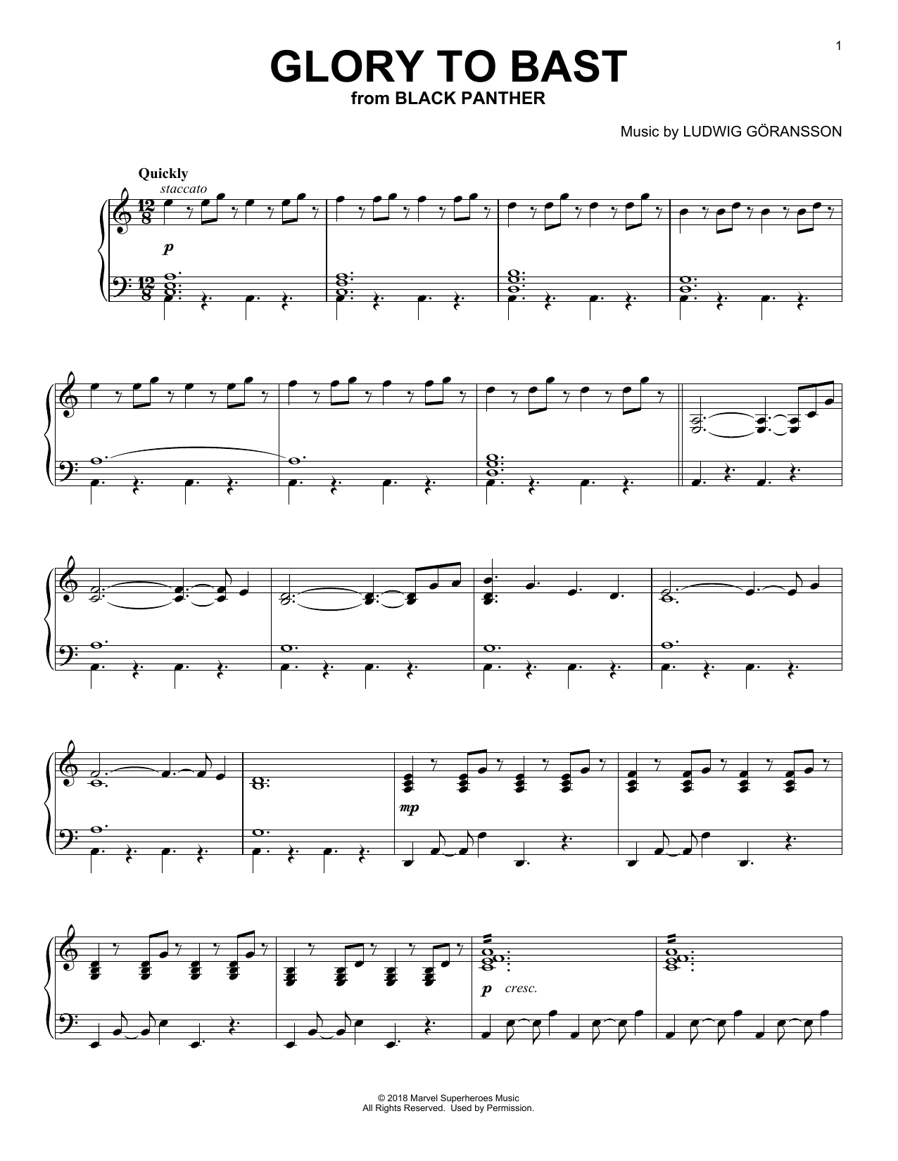 Ludwig Göransson Glory To Bast (from Black Panther) Sheet Music Notes & Chords for Piano - Download or Print PDF